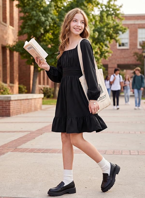 blibean Girls Long Sleeve Tie Back Dress Casual A-Line, Black, 14-16Y by blibean - Used condition - Image 4
