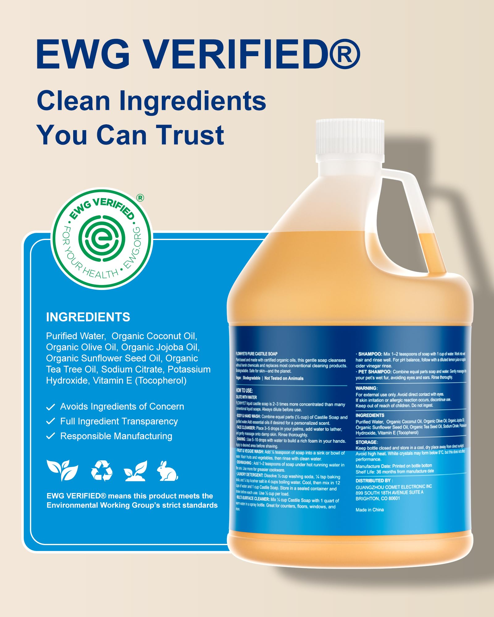 FLOWHYET EWG Verified Pure Castile Soap Liquid, Unscented, 1 Gallon