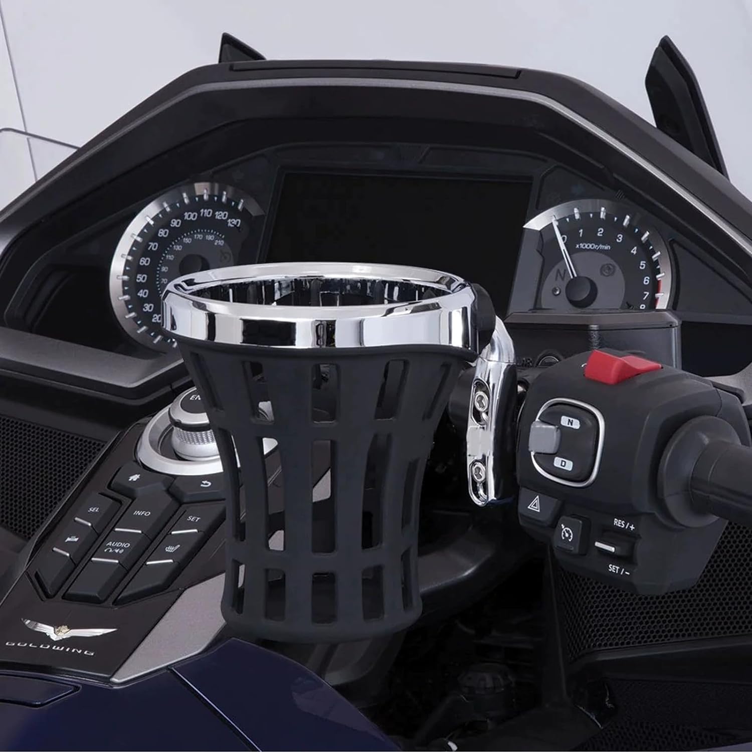Motorcycle Handlebar Drink Cup Holder Plated and Rubber Chrome/Black Mount for Harley Davidson Passenger Water Bottle Holder with Mesh Basket for Honda Goldwing GL 1800 (102/142 MM)