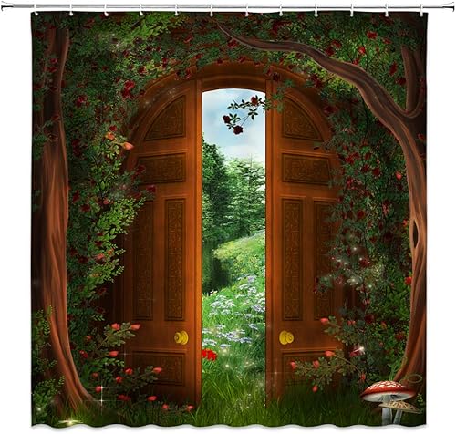 Cortina de ducha con diseño de bosque verde, puerta de madera, jardín, árbol, casa, cuento de hadas, paisaje natural, baño, ganchos de tela de