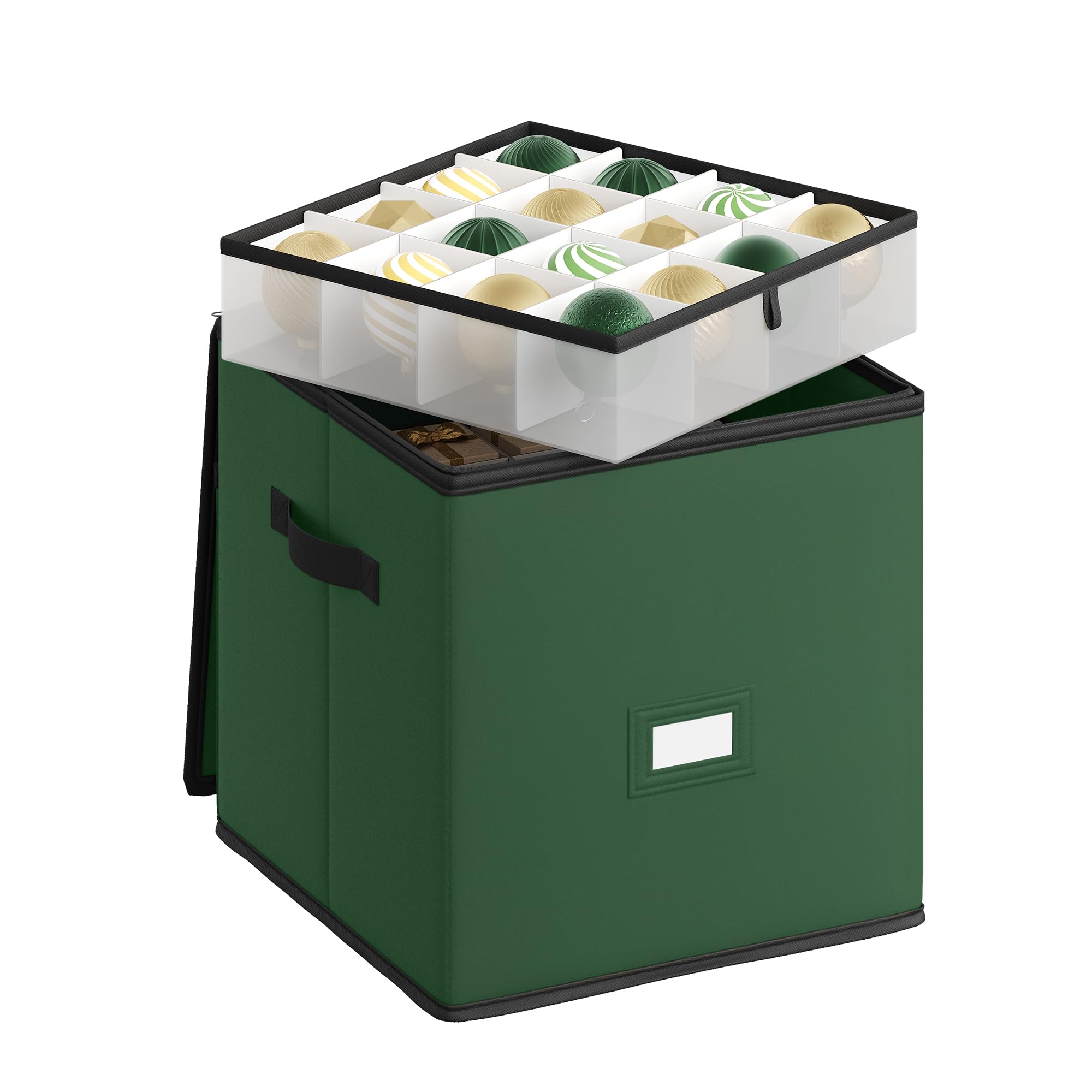 SONGMICS Christmas Ornament Storage Box, Dual Zippers, Stackable Christmas Storage Container with Lid, 4 Trays, 600D Oxford, 3-Inch 64 Slots, Forest Green URFB034C01 Forest Green 1 x 64 Coun
