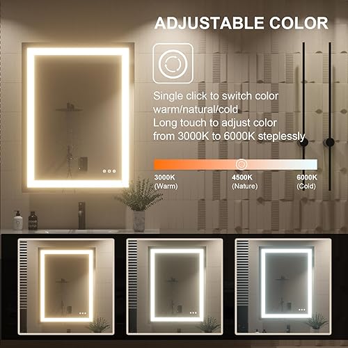 Miniatura 4 de Espejo LED de 32 x 24 pulgadas para baño, espejo de baño antivaho con luces, cálidonaturalfrío, 3 colores, espejo de baño con iluminación regulable