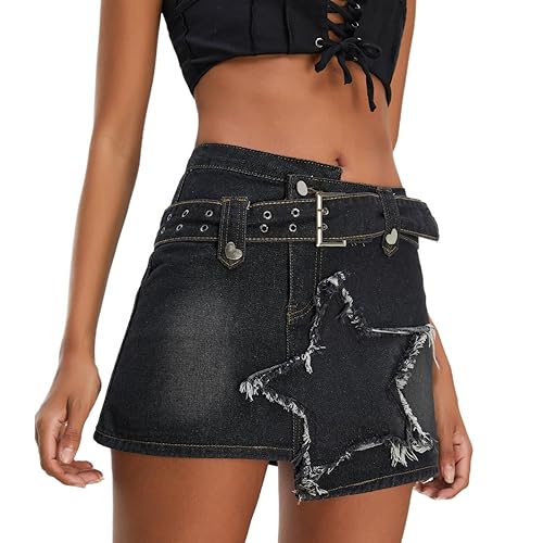 Kisidoo Women's Denim Skirt Vintage Star Patchwork Party Club Jean Skirt Casual Y2k Mini Skirt Skorts Skirts for Women - X-Small - Black