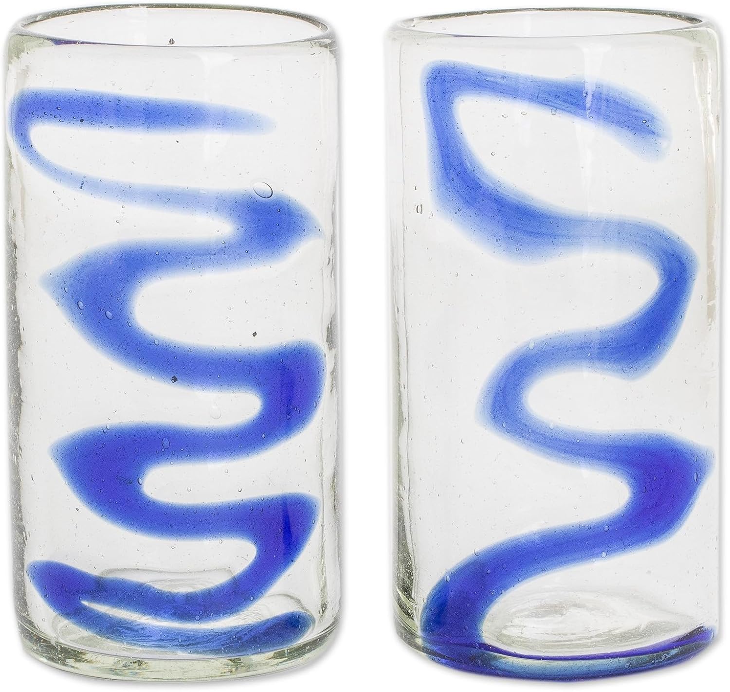 NOVICA Artisan Handblown Recycled Ecofriendly Glass Tumblers Blueaccented 11 Oz Pair Clear Guatemala Tableware Drinkware Glasses 'Blue Ripple' (Pair)