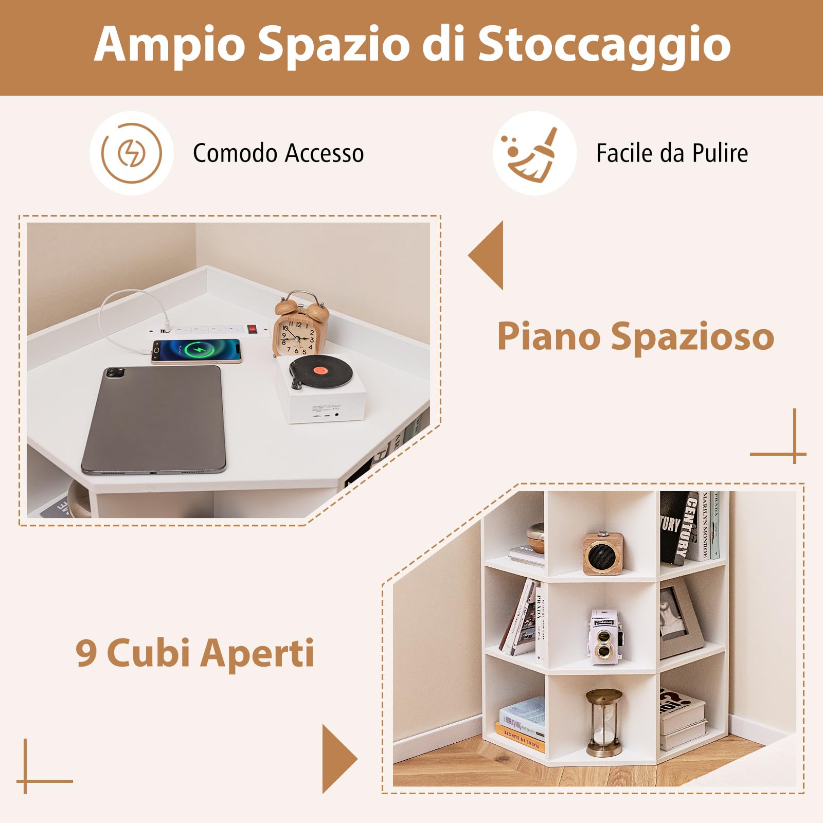 COSTWAY Mobile ad Angolo a 3 Livelli in Legno, Libreria Angolare Aperta con Stazione di Ricarica 9 Cubi 2 Porte USB e 4 Prese, Adatto per Spazi Ridotti, 51x71,5x86 cm (Bianco)