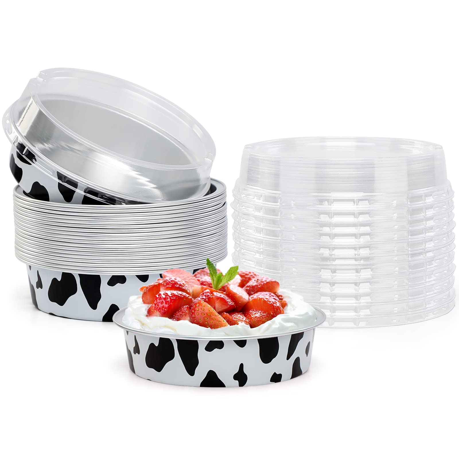 Beasea 4” 20 Pack Mini Tart Pans With Lids, Cow Print Aluminum Pie Pan 8 Oz Pie Pan Tin Tart Cupcake Disposable Pans for Pizza Pies Quiche