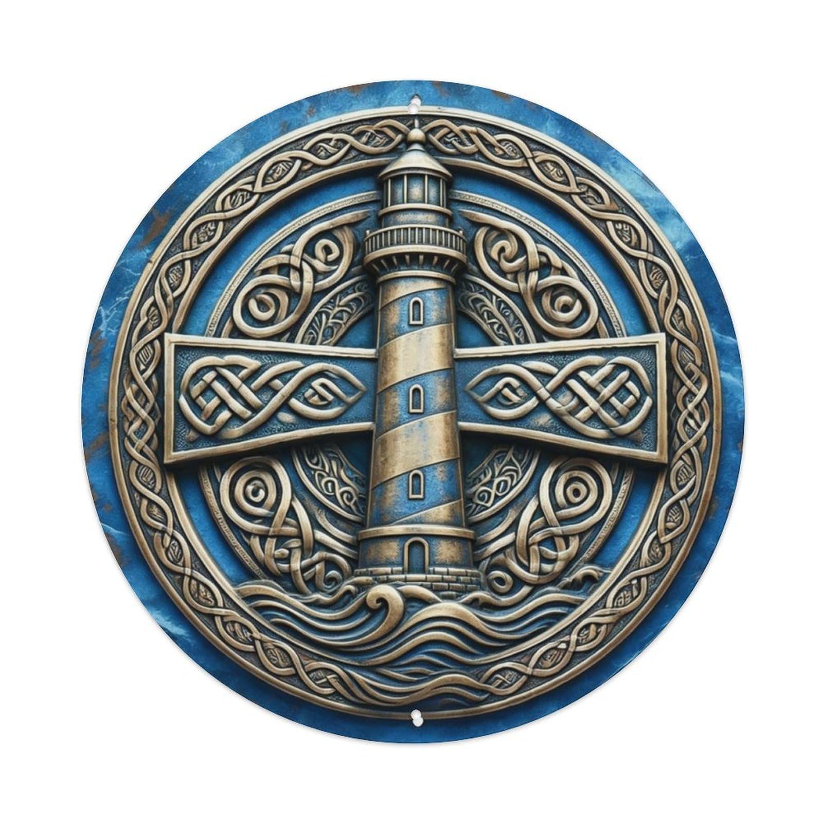 Coastal Lighthouse with Wave Border Metal Tin Sign Plaque