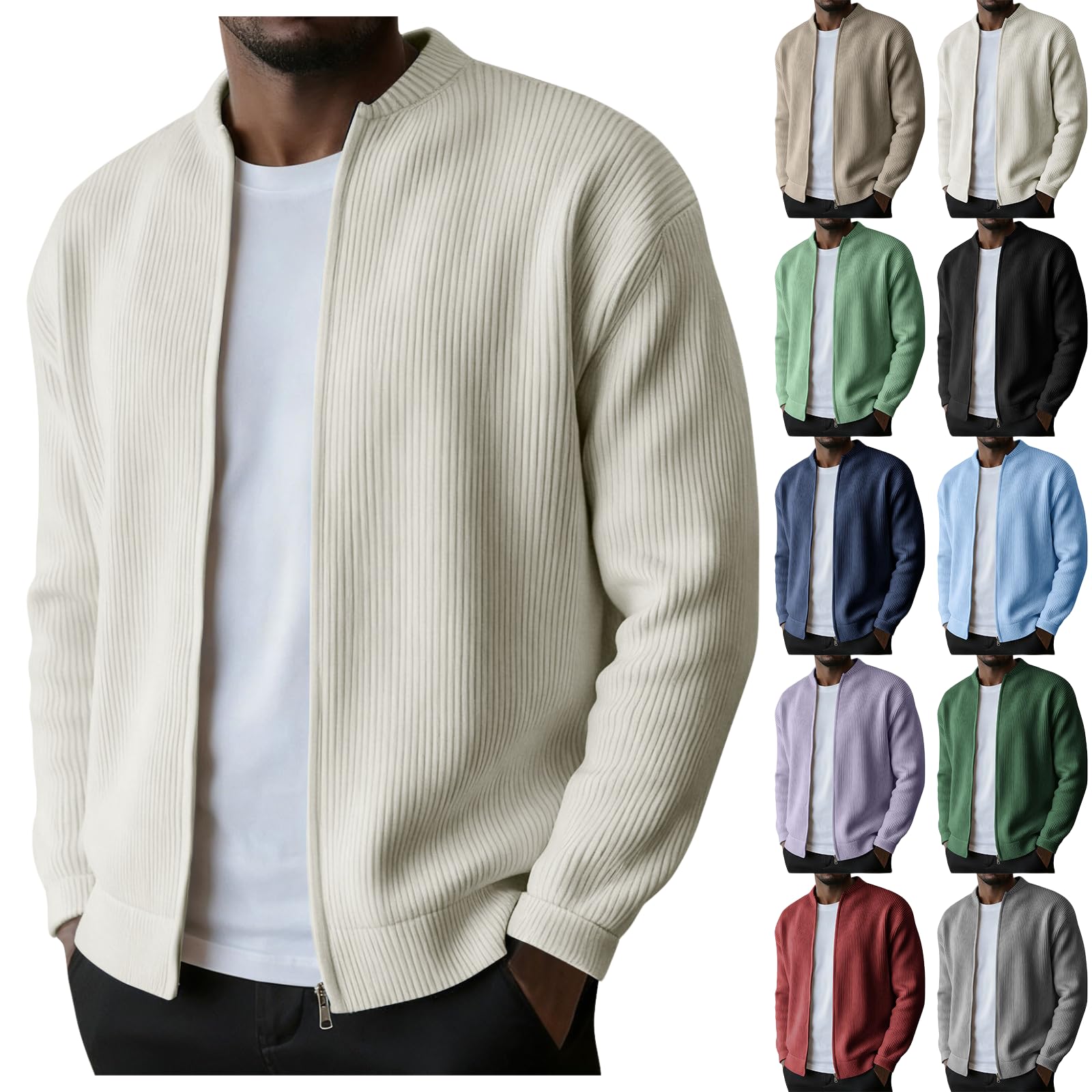 Bomberjacke Herren Strickjacke Herbst Übergangsjacke Vintage Geripptes Strickjacken Dünne Fleecejacke Lässige Streetwear Retro Herrenjacke Leichte Pilotenjacke Casual Einfarbige Arbeitsjacke