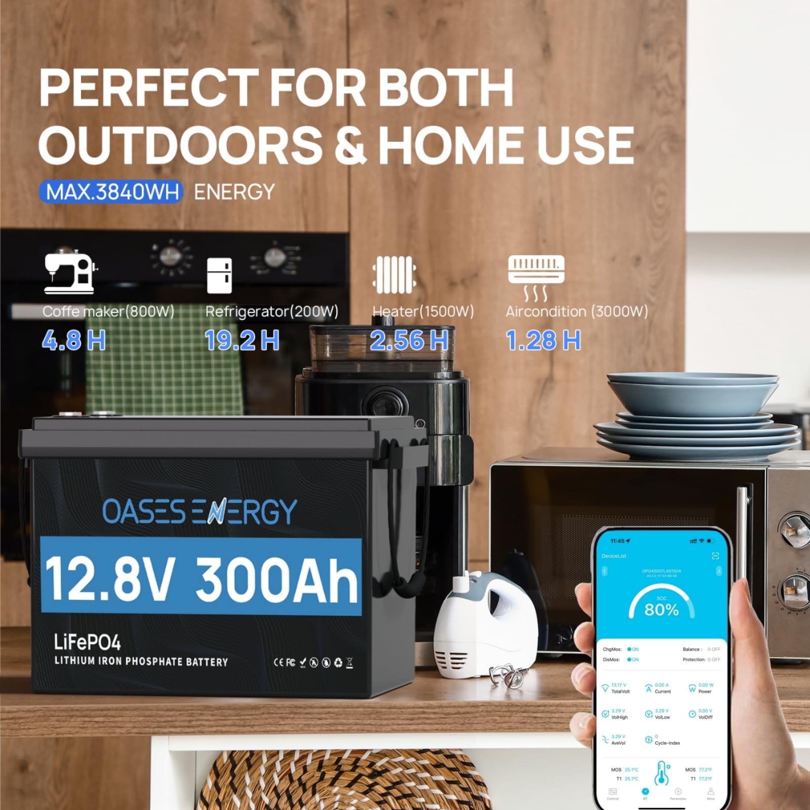 Bluetooth 12V 300Ah LiFePO4 Batterie, BMS 200A amélioré, 12V Batterie au Lithium 3840Wh, pour Les systèmes solaires Camping-Cars, caravanes, Bateaux