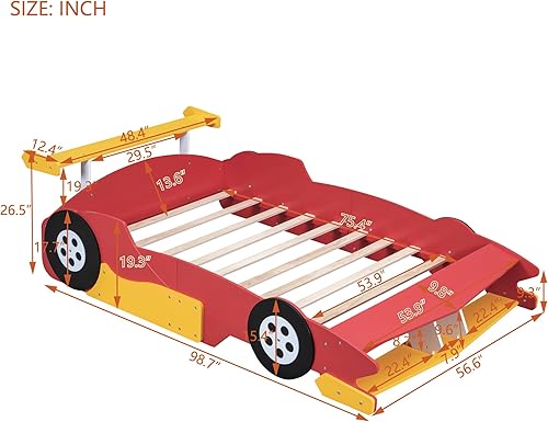 Miniatura 45 de Cama de plataforma en forma de auto de carreras con ruedas, cama de plataforma de madera tamaño individual con barandilla, cama de plataforma para