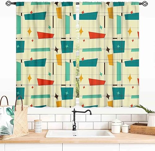 Cortinas geométricas, color pastel de mediados de siglo, moderno, abstracto, estampado geográfico, estilo retro, verde azulado, turquesa, cortinas