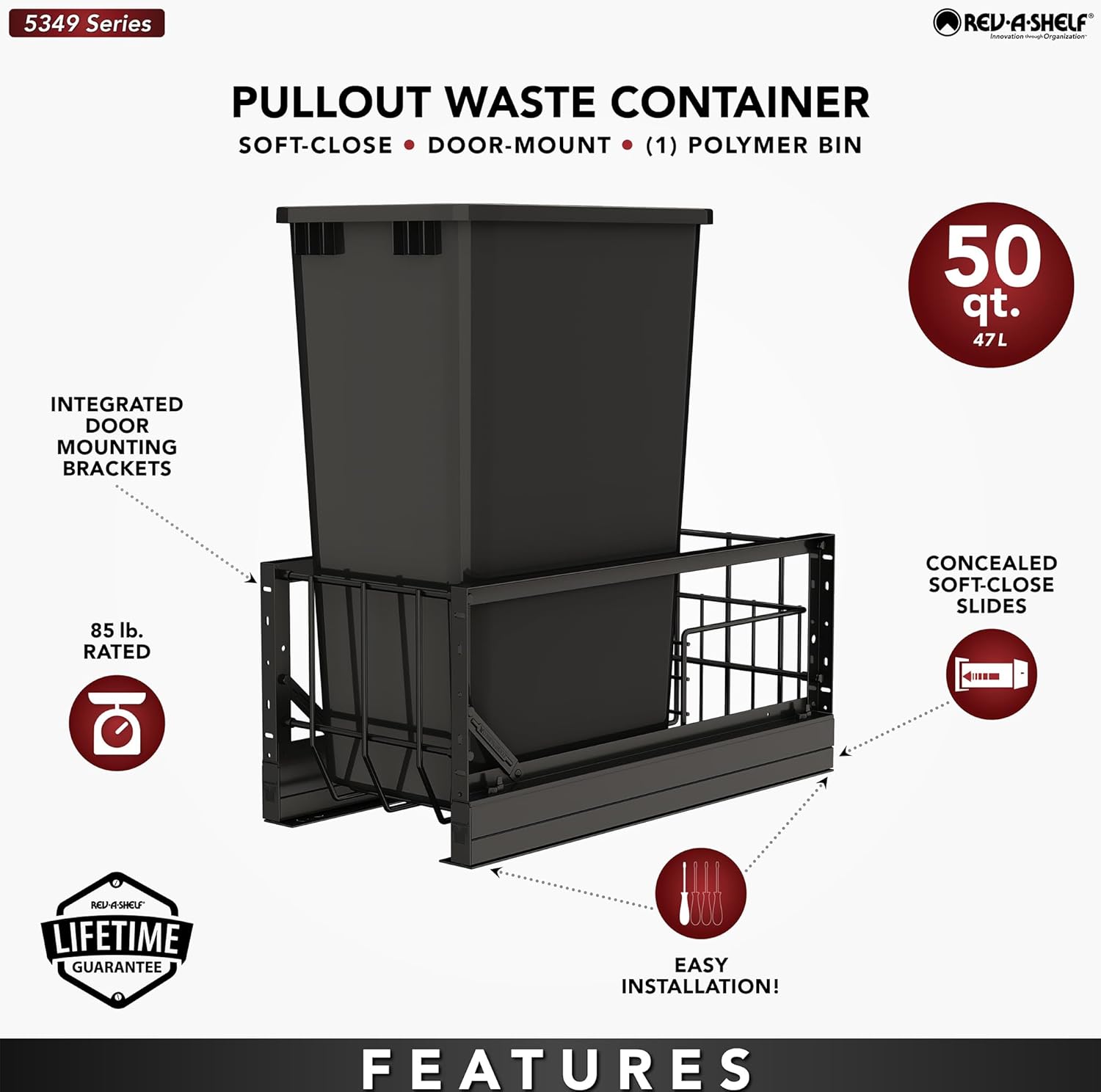 Rev-A-Shelf Aluminum Single Pullout Waste Container for Kitchen Base Cabinets, 50 Qt Trash Can with Soft-Close Slides, Black, 5349-1550DM-118