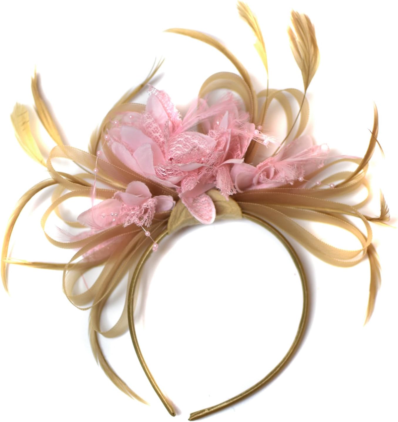 Champagne Gold Beige Camel and Baby Pink Fascinator on Headband Alice Band UK Wedding Ascot Races Derby