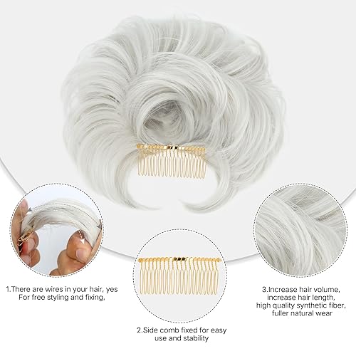 Miniatura 4 de MAOPAOBEAUTY Moño desordenado, sintético, rizado, ondulado, desordenado, para mujeres y niñas, color gris platino, recogido con zarcillos para uso