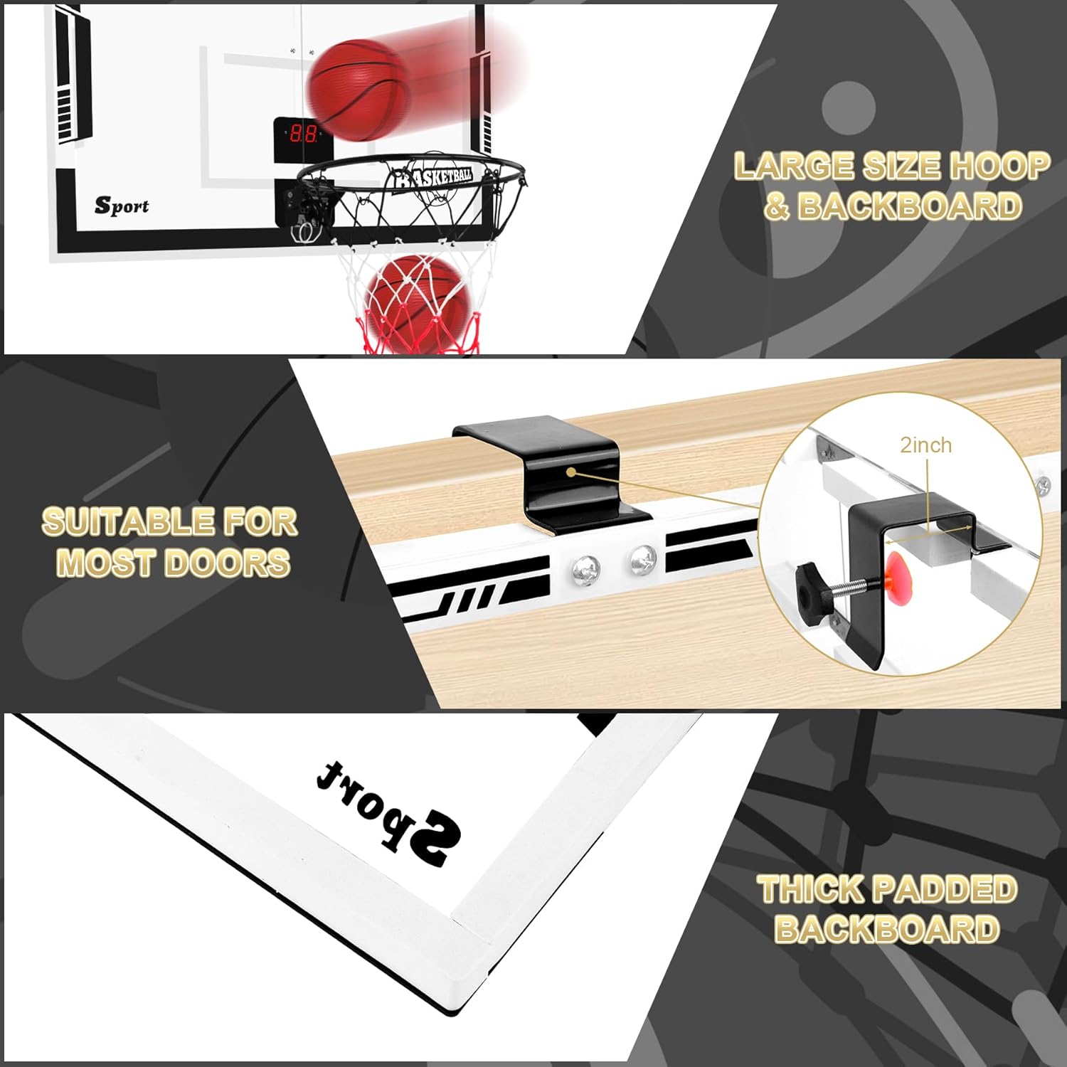 Large Basketball Hoop Indoor, 24" x 16" Mini Basketball Hoop for Kids, Over The Door Basketball Hoop with Scoreboard, Balls & Pump, Sport Toys for Teens Adults Boys Girls Office Bedroom