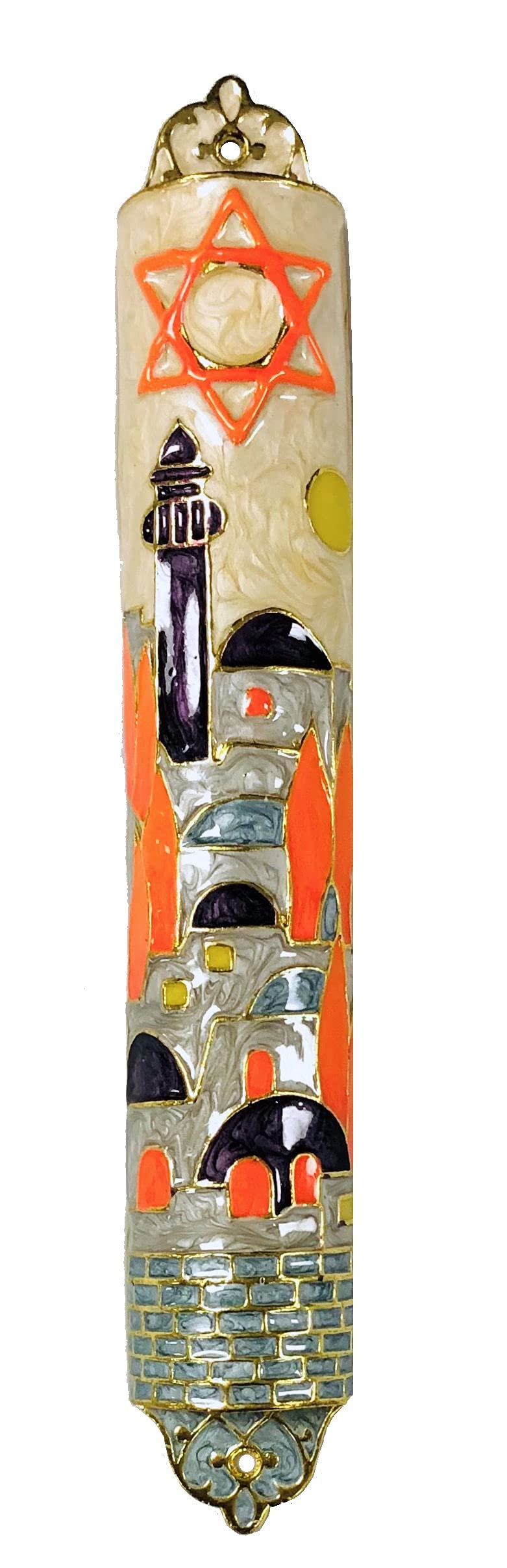 J & B Judaica Enameled Orange Jerusalem Hills Mezuzah Fits a 12 Centimeter Size Scroll