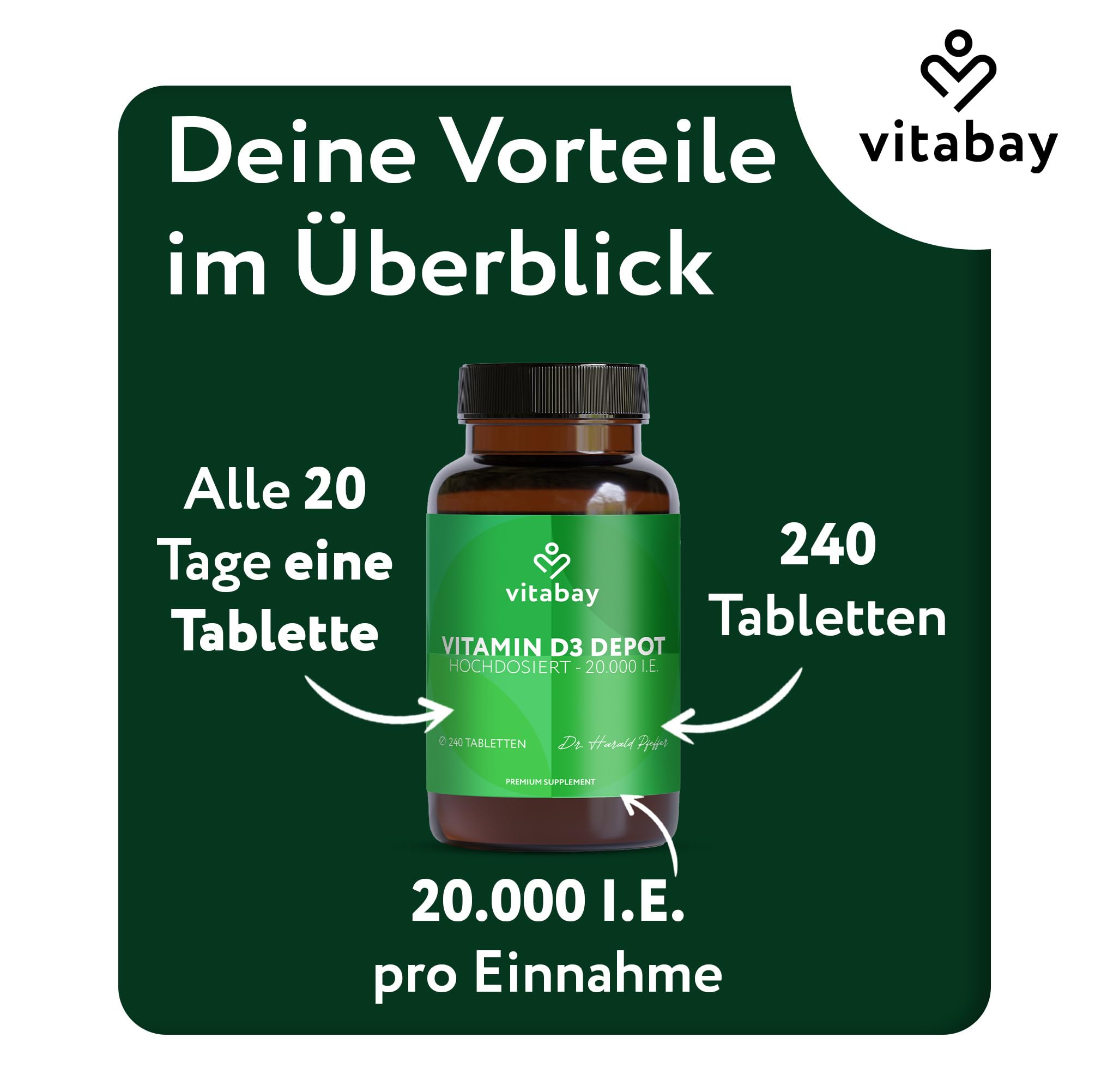 Vitabay Vitamin D3 Depot 20.000 I.E. – 720 vegane Tabletten – Hochdosiert | ohne unerwünschte Zusätze – Trägt zur Unterstützung des Immunsystems und zur Erhaltung normaler Knochen bei