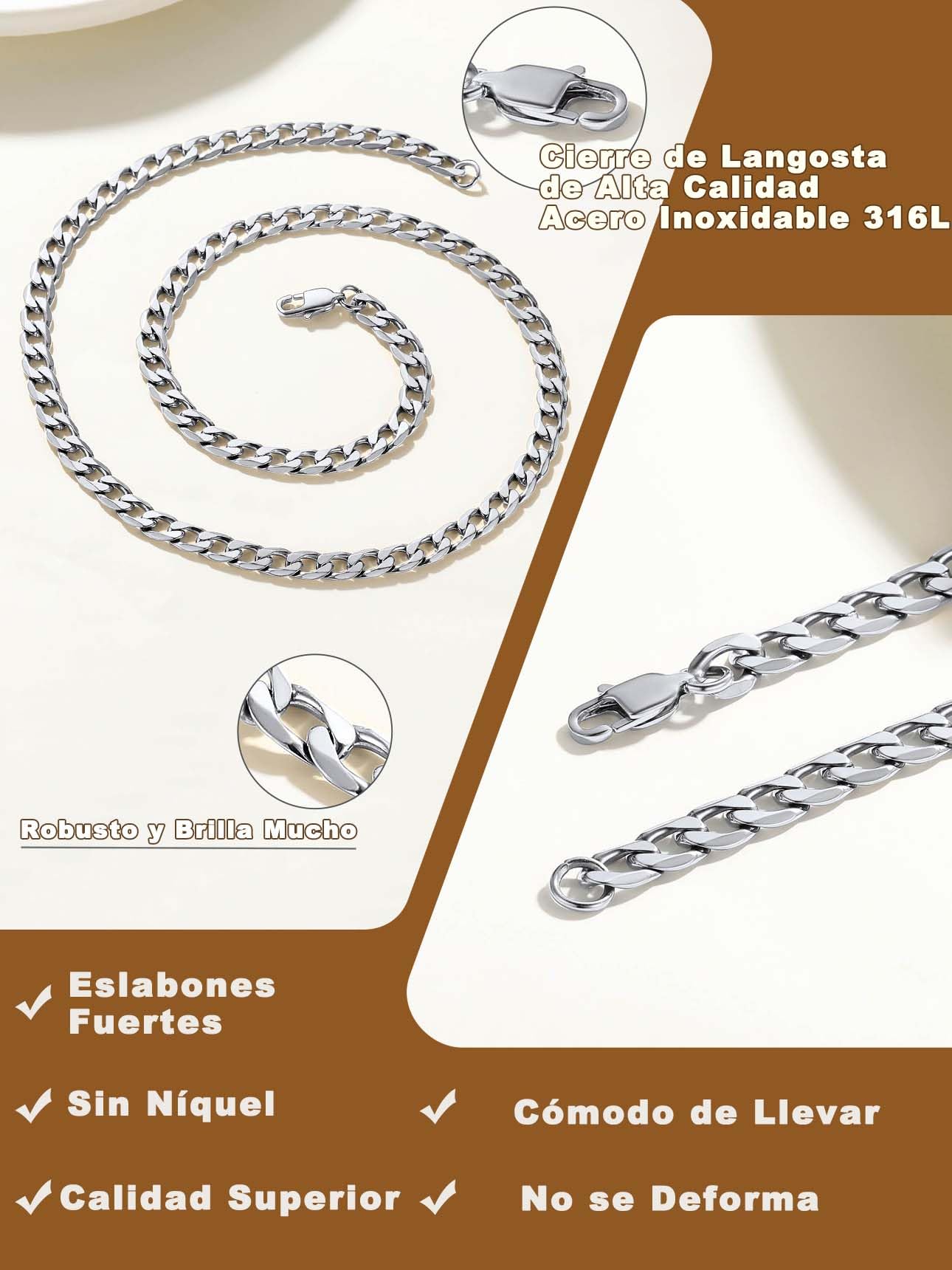 Suplight Collar de Cadena Cubana Hombre 4MM/6MM/9MM | Acero Inoxidable 316L Longitud 46cm-76cm Cadena Cubana Hombre e Mujer Plateado/Dorado/Negro