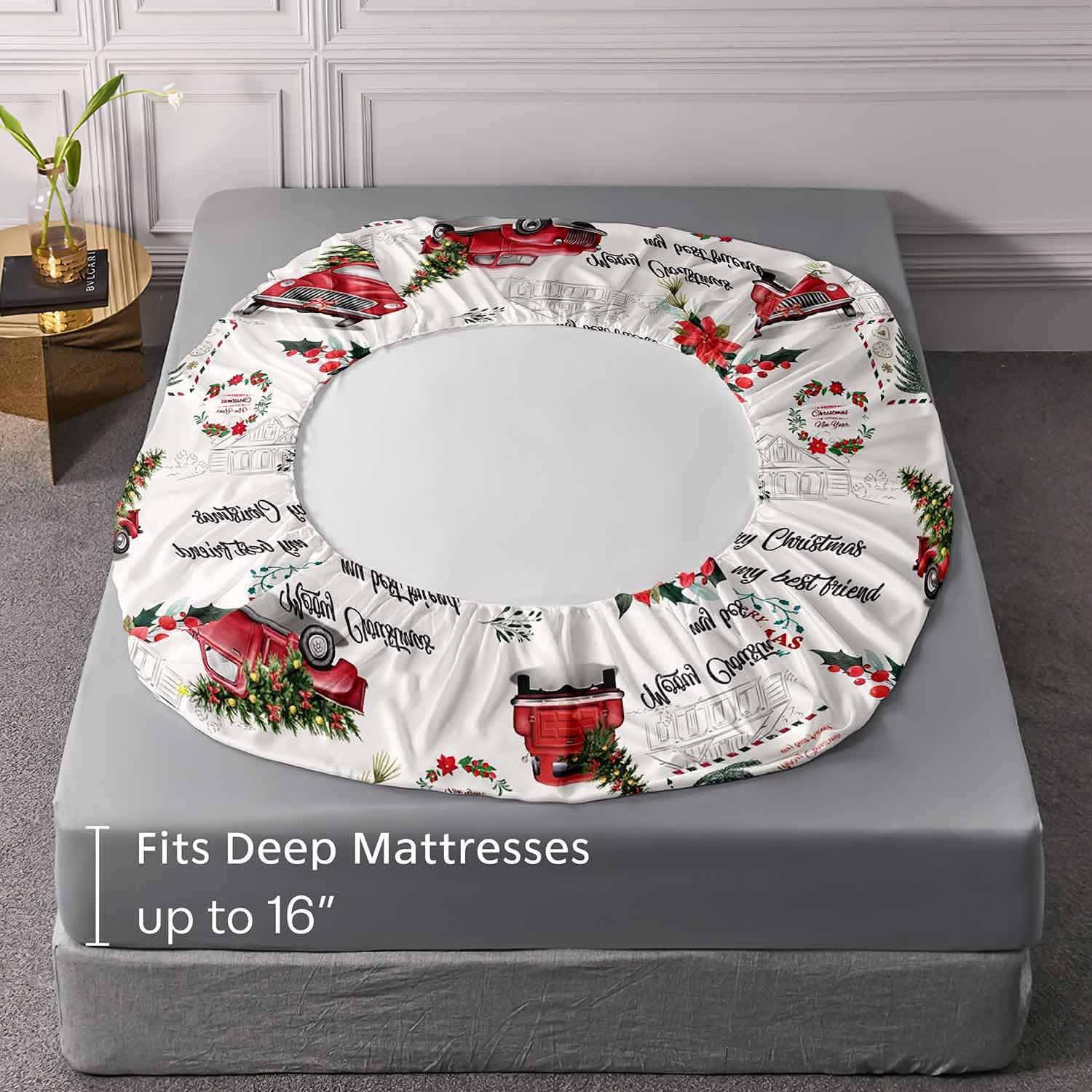 LUVIVIHOME 4PCS Red Truck Sheets Set, Full Bed Sheets, Beige Sheets, Rustic Farmhouse Poinsettia Xmas Tree Winter Holiday New Year Christmas Bedding, 1 Fitted Sheet & 1 Flat Sheet with 2 Pillowcases