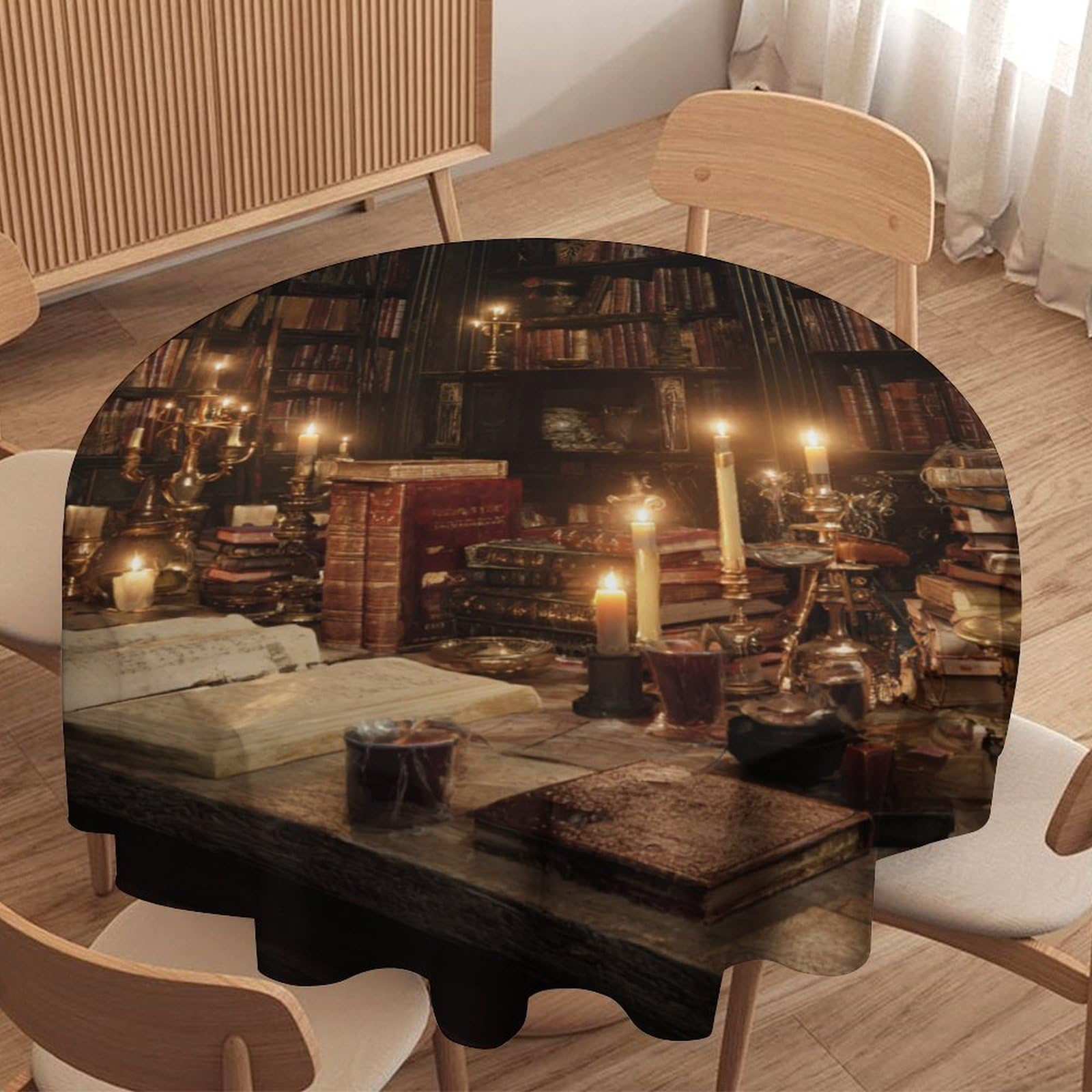 LUYYSKY Rustic Abstract Vintage Bookshelf Round Tablecloth Beautiful Realistic Gothic Ancient Castle Library Pattern Washable Decor for Table Cover for Kitchen-177.8" Wx177.8 L cm
