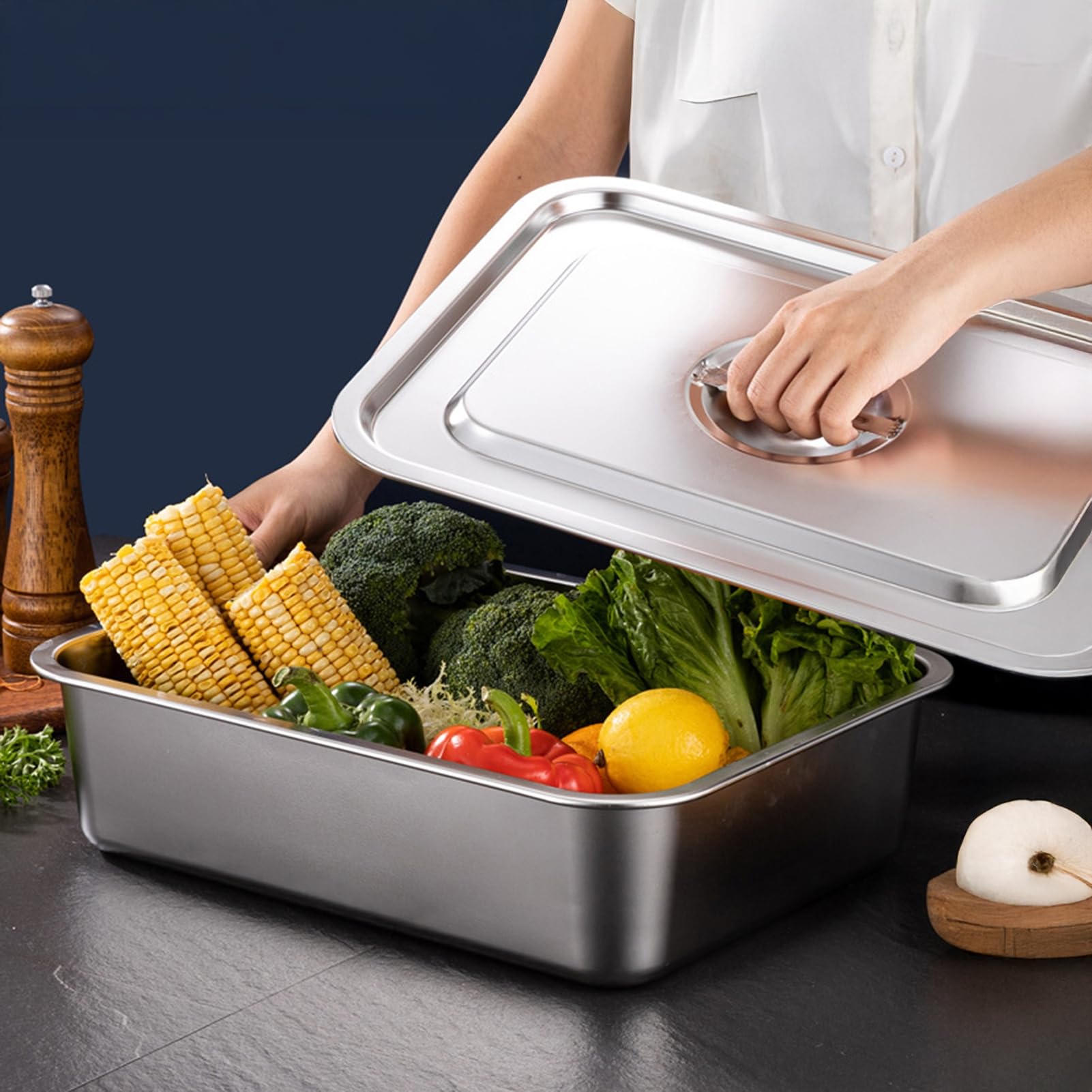 Płaska dolna kwadratowa umywalka ze stali nierdzewnej głęboka patelnia do pieczenia lasagne z pokrywką bez pieczenia naczynie do zapiekania