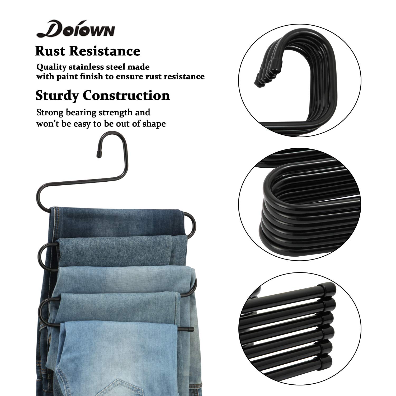 DOIOWN 6 Stück Hosenbügel S-Form Edelstahl Kleiderbügel platzsparend Kleiderschrank Organizer für Hosen Jeans Schal (5 Schichten, Stück) Schwarz -