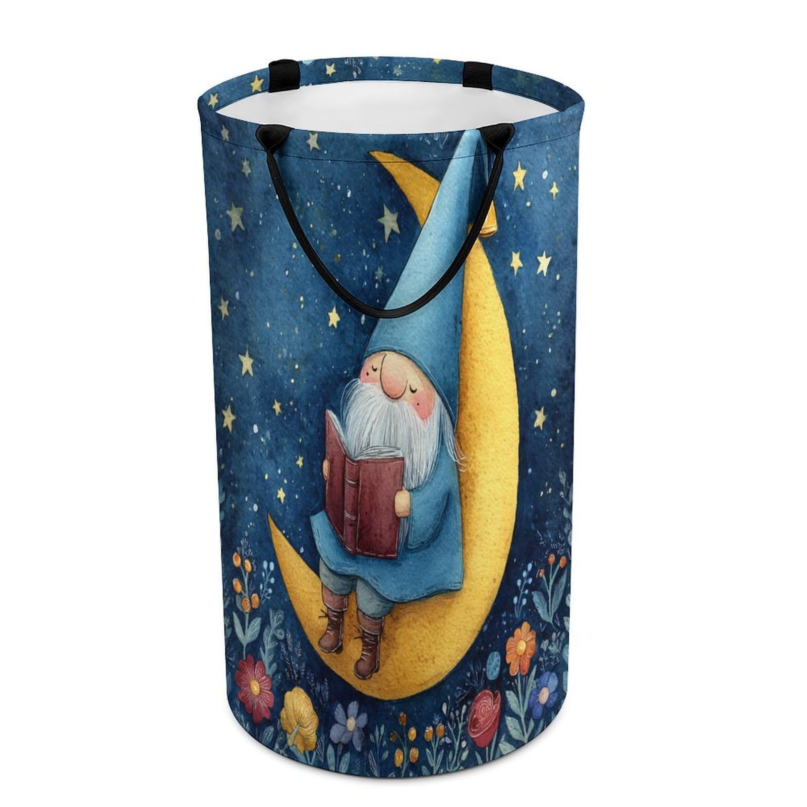 LUYYSKY Beautiful Abstract Cute Gnome Versatile Storage Laundry Basket, Vintage Cartoon Moon Starry Night Galaxy Gnome Pattern Large Capacity Bathroom Hamper With Handle
