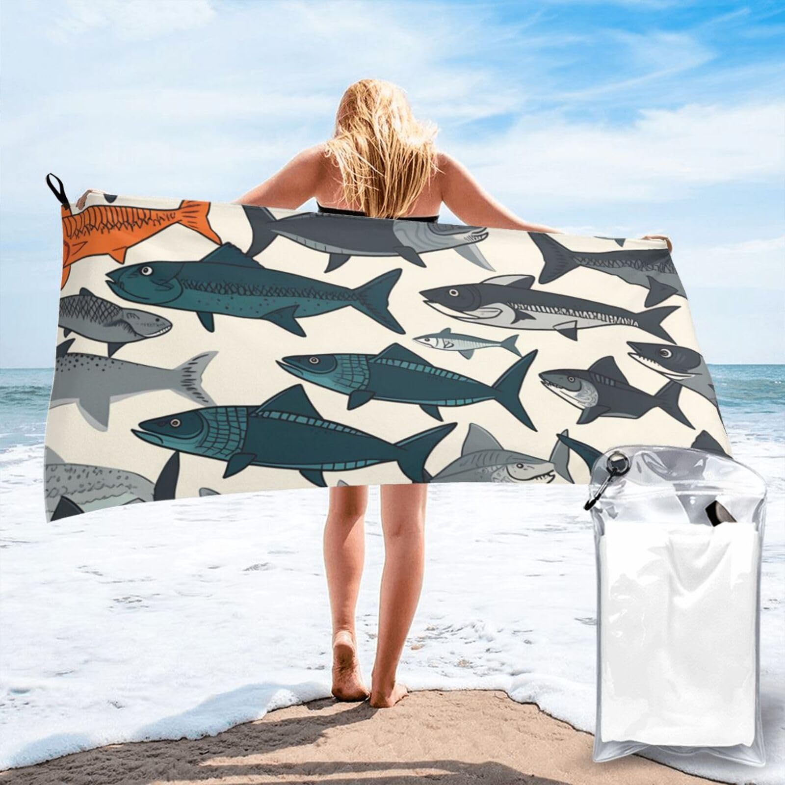 DWVTSLH Microfiber Sand Free Beach Towel 27.5"x55", Quick Dry Absorbent Travel Towel Large Camping Blanket, Fish Bath Towels Lightweight Pool Swim Towels for Vacation Essentials
