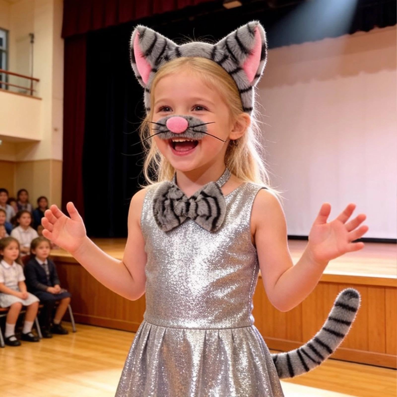 4 pezzi – Set accessori costume da gatto – Cerchietto in peluche grigio tigrato con orecchie, naso, coda e papillon – per bambini e adulti – Per Halloween, feste a tema, ecc.