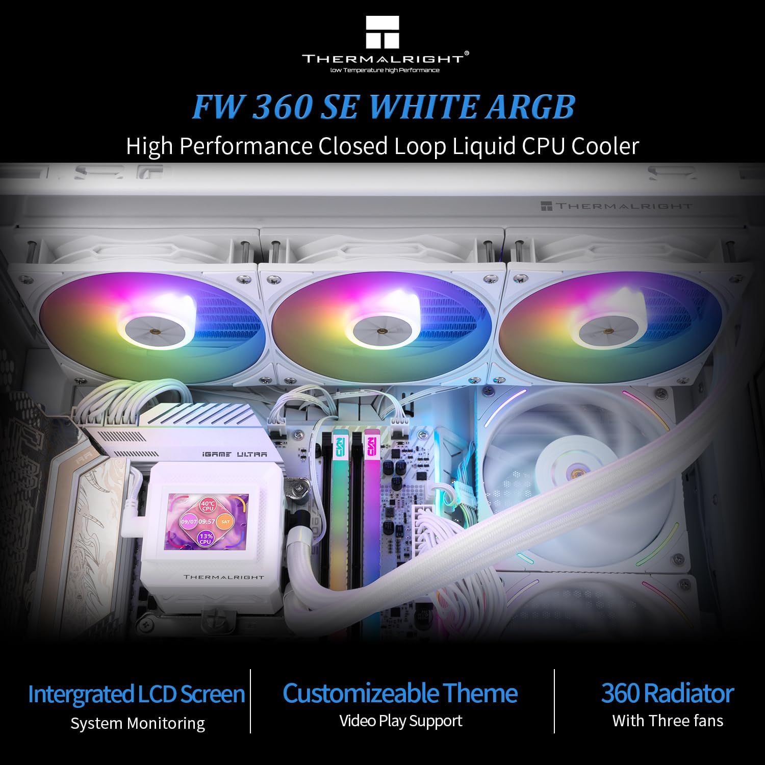 Thermalright FW360 SE ARGB White CPU AIO Cooler,PC 360 Specification Water Cooler System,IPS LCD Screen with 320 * 240 Resolution,for AM5,Intel LGA1700/1851,CPU Comes with 2-inch LCD Display