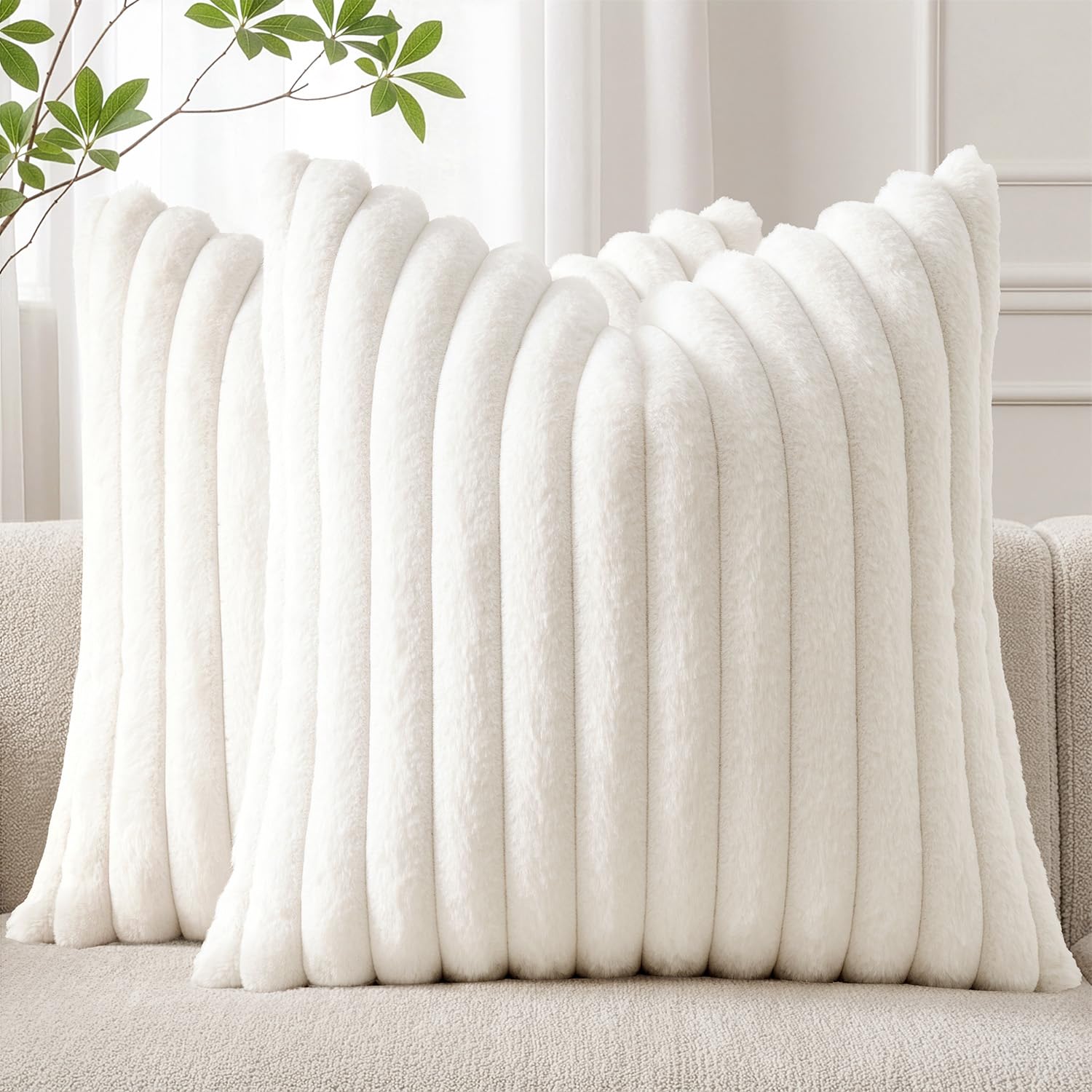 Woaboy 2er Set Kissenbezug Flauschige Kissenbezüge Gestreifte Künstlich Pelz Sofakissen Superweich Dekokissen für Wohnzimmer Bett Couch