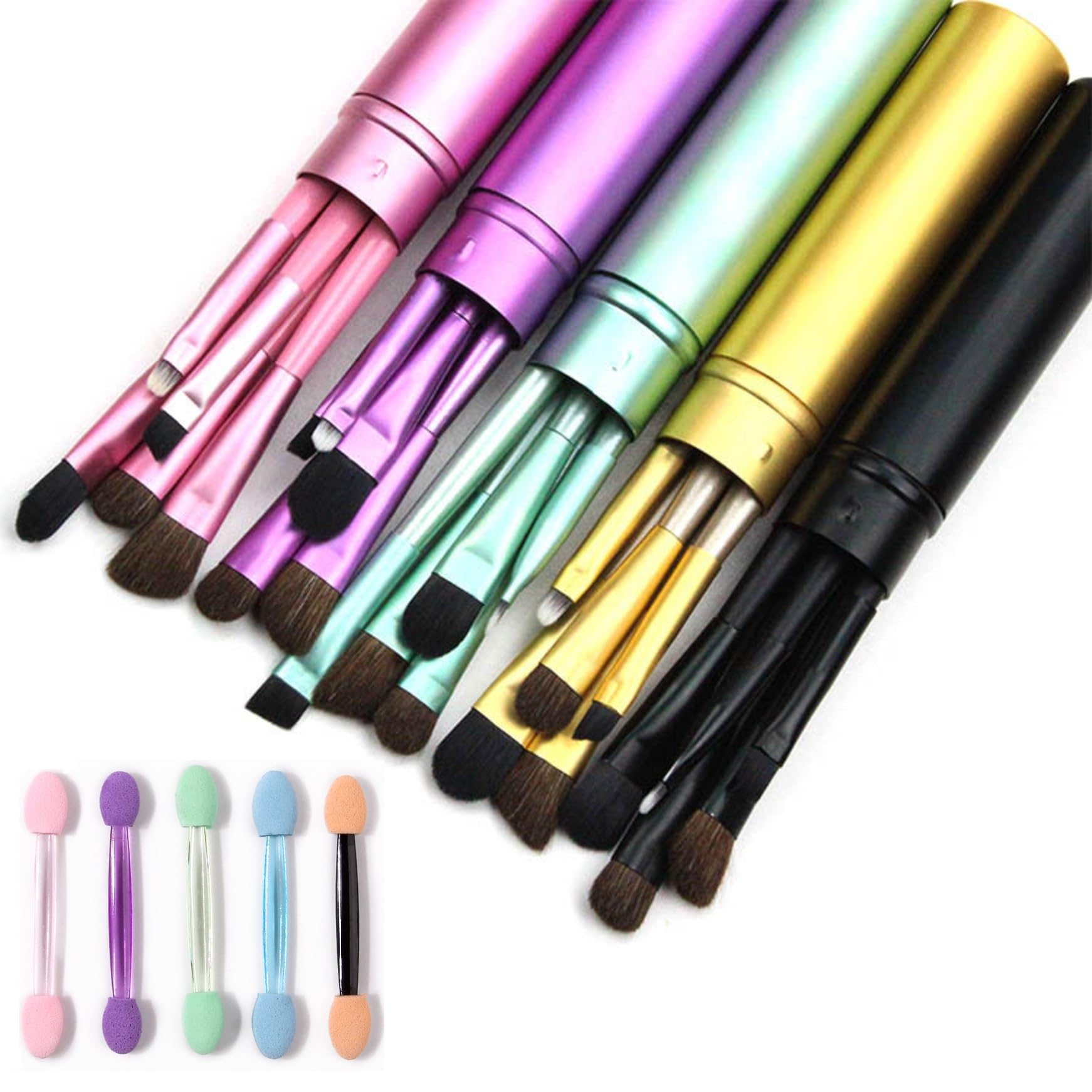 SEILANC Travel Portable Wooden Eye Makeup Brushes, 5 Piece Cylindrical Eyeshadow Brushes and 5 Short handle sponge eyeshadow brush Set (Purple)