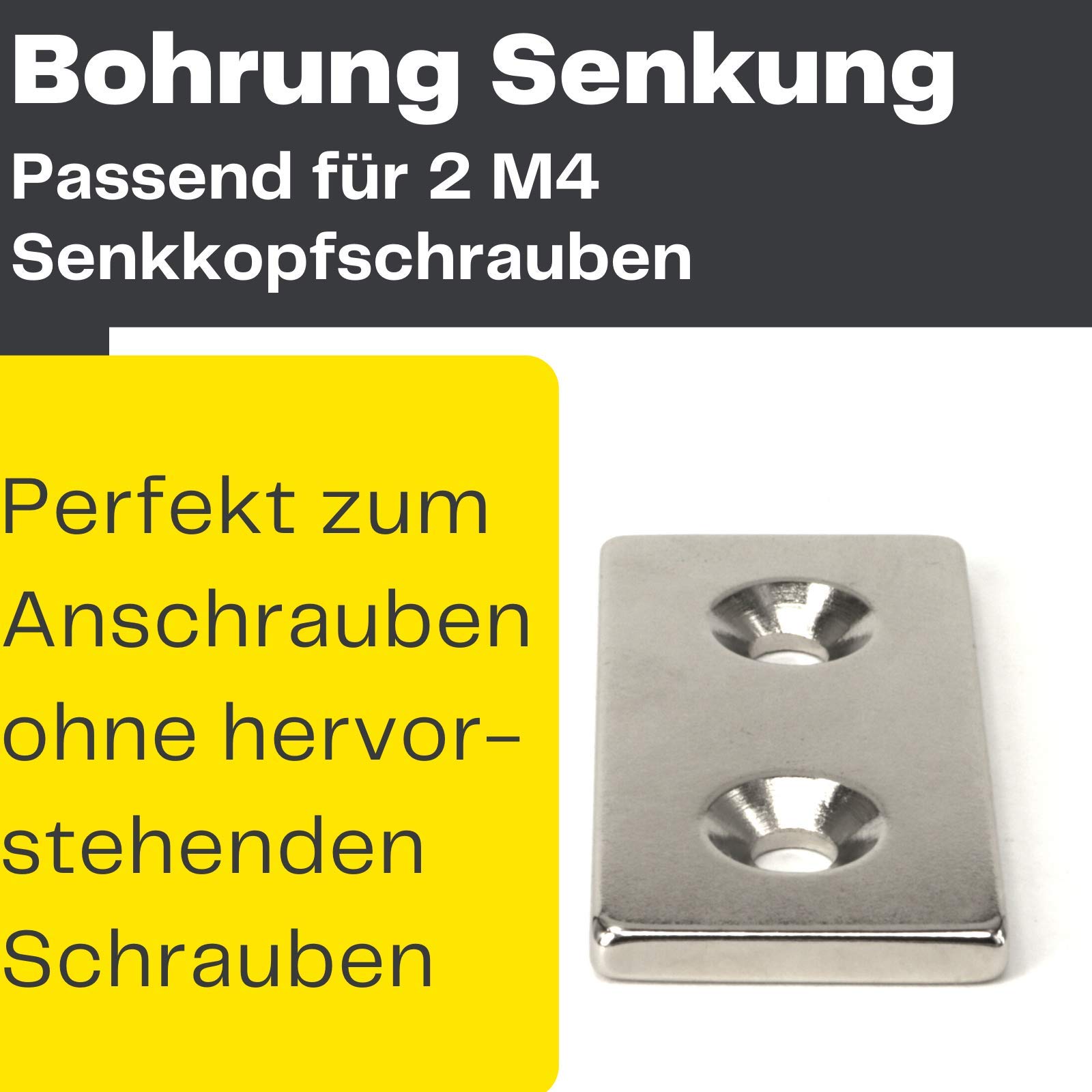 Neodym Magnet mit Bohrung und Senkung 40x20x3mm 12 KG Quader - Senkkopfschraube - M4 Senkloch zum anschrauben - Senkbohrung Senkkopf [5 Stück]