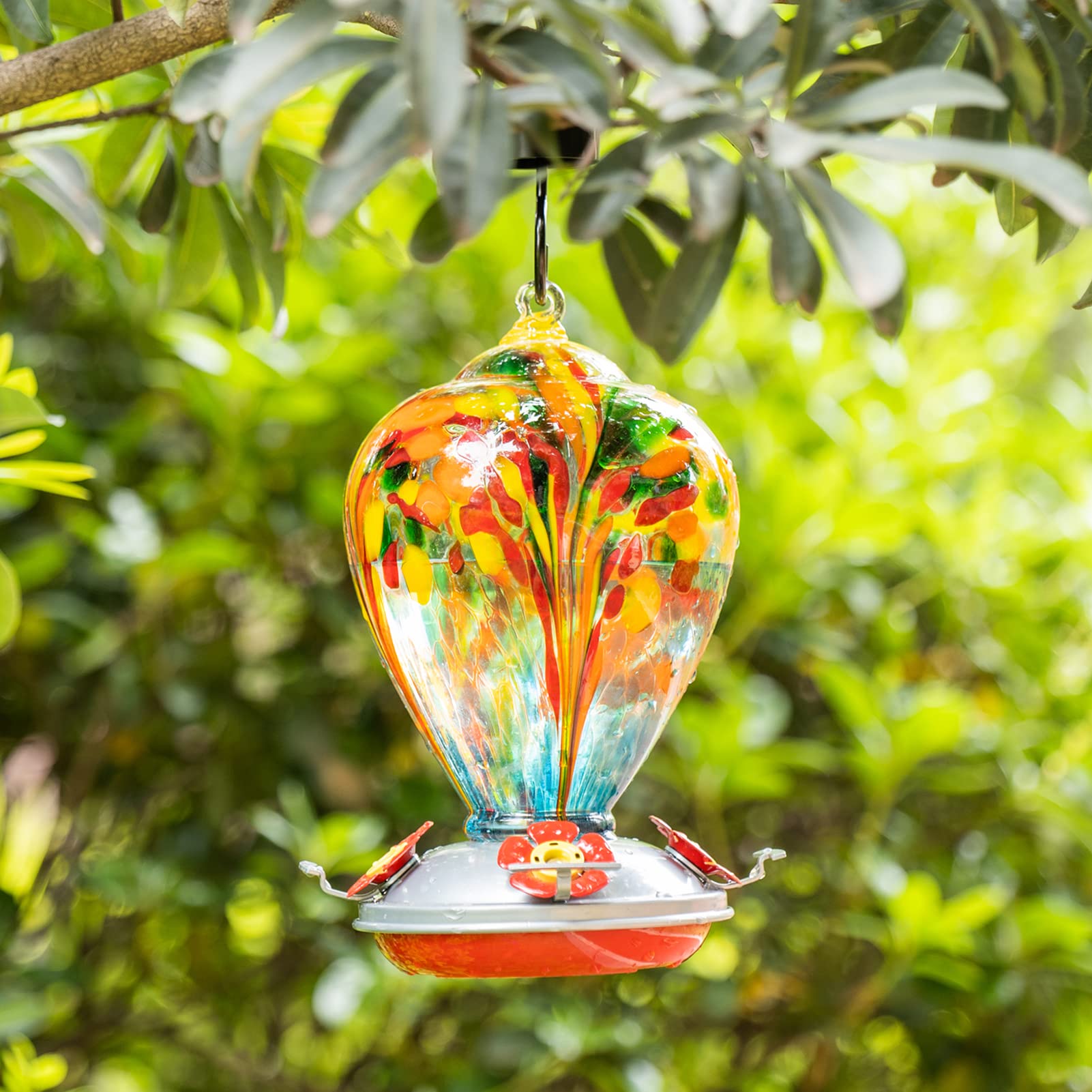 Mangiatoia per colibrì, 963,9 g, in vetro soffiato a mano, per esterni, 4 posatoi con formiche e fossato, a prova di perdite, decorazione da giardino, regalo per donne e mamme