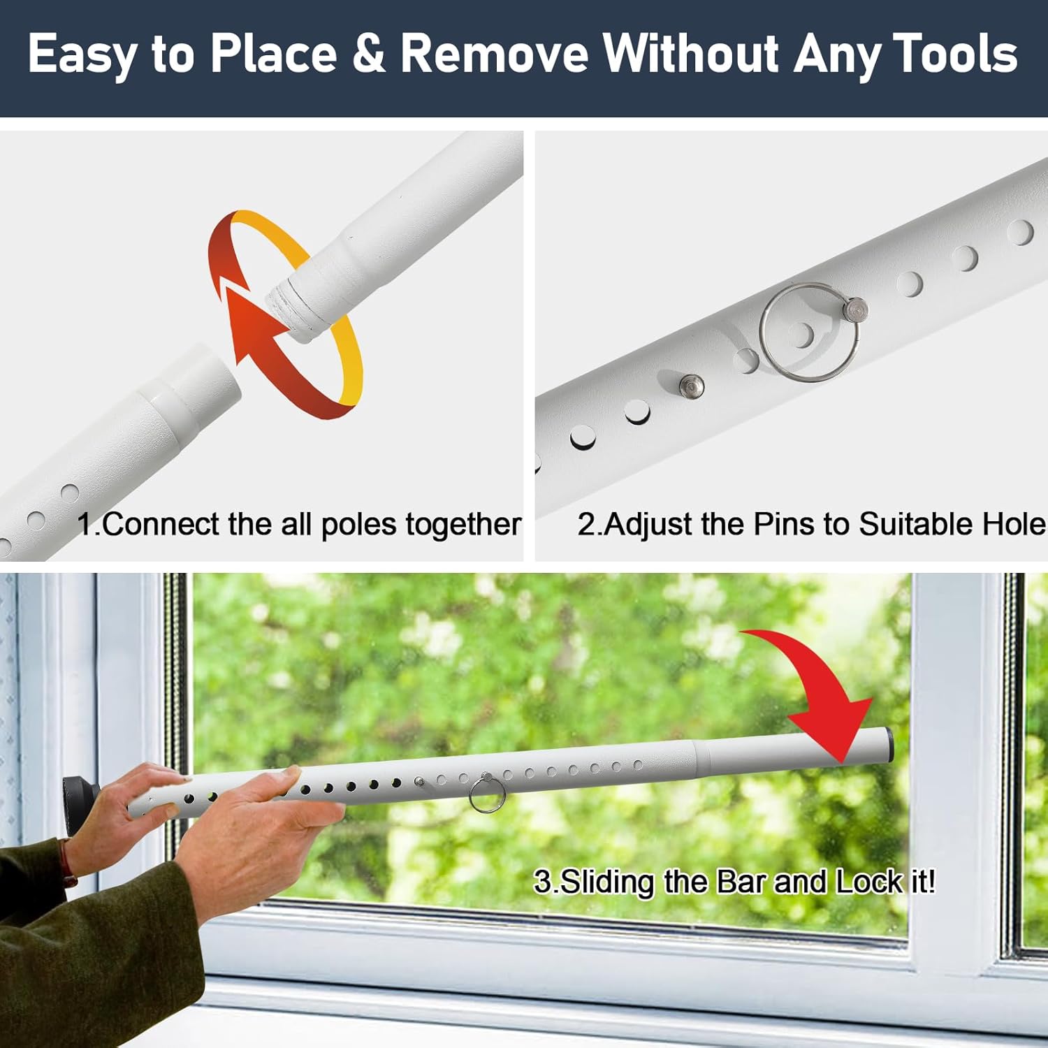 Sliding Glass Door Lock - 18-50inchs Adjustable Sliding Door Security Bar&Window Security Bar,1.18”Childproof Heavy Duty Burglar Bar for Window,Patio Doors,Kitchen,Balcony Sliders,Apartment(White)