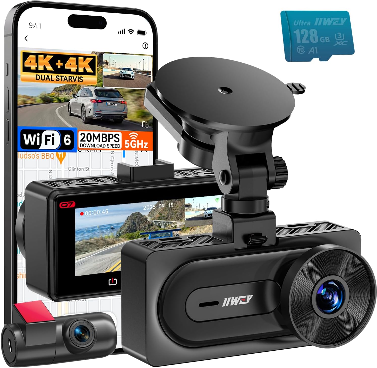 IIWEY 4K+4K Dash Cam Front and Rear, Dual STARVIS w/HDR, 5G WiFi-6 (up to 20MB/s) with App, 128G SD Card Included, GPS, Dash Camera for Cars with 24/7 Parking Mode, 3.18 Inch IPS, 170° Wide Angle