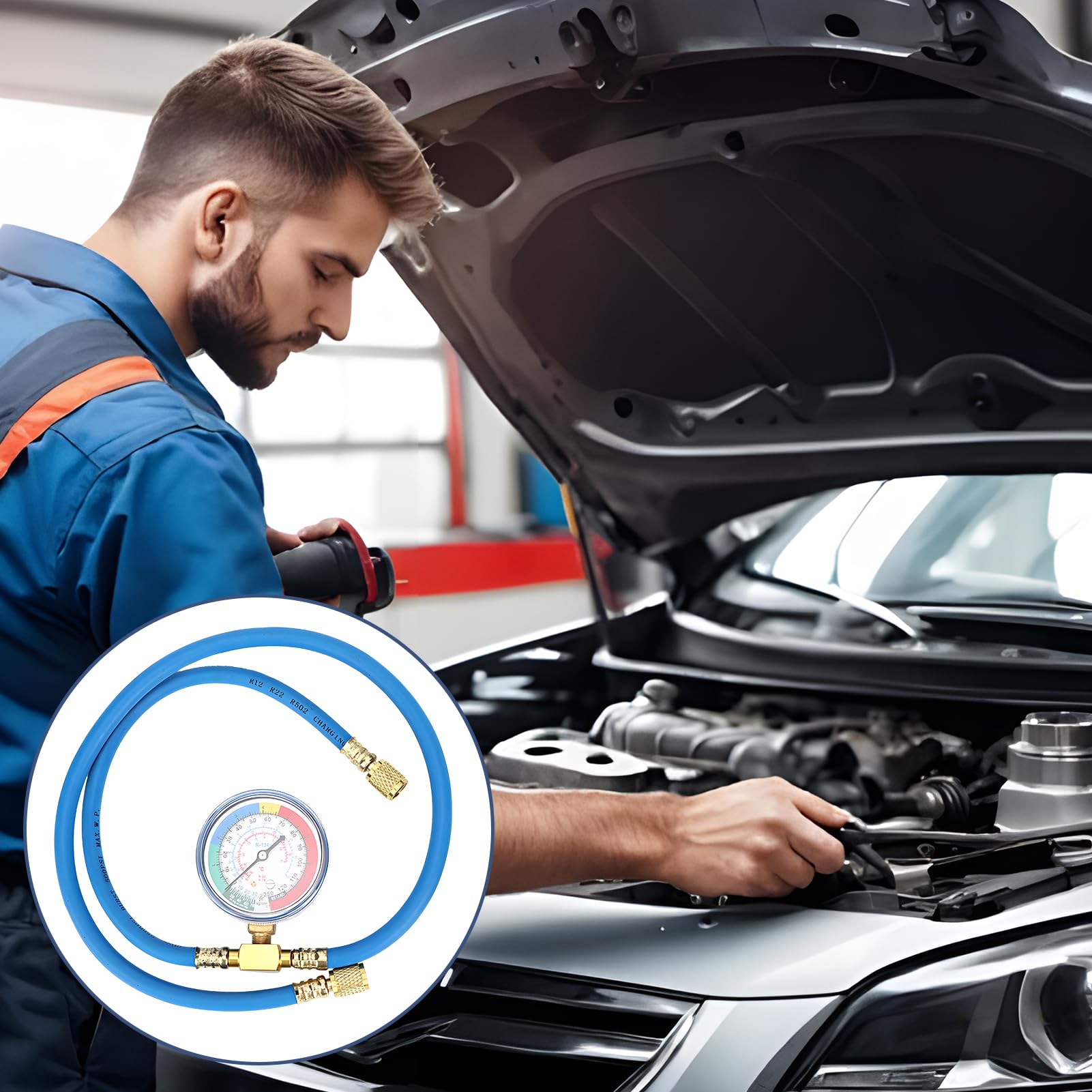 R134A R-12 R-22 Manguera de Carga, Kit Aire Acondicionado Coche con Manómetro de Medición Manguera de Carga de Refrigerante para el Hogar Car Refrigerator A/C System