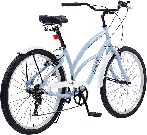 Miniatura 9 de MEGHNA Bicicleta de crucero de playa de 26 pulgadas, ruedas de 7 velocidades, freno en V, cómodo sillín clásico, retro, bicicleta de crucero,