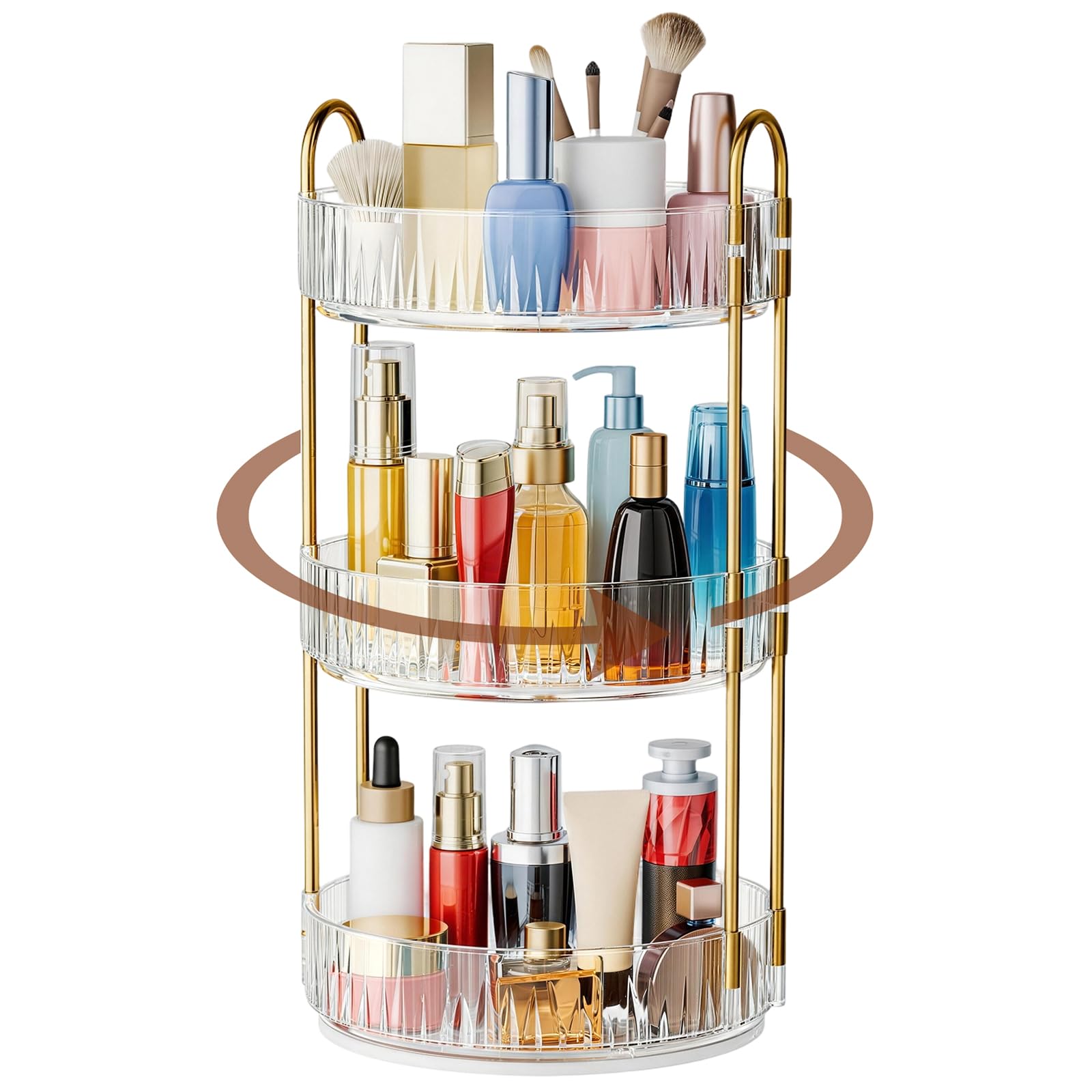 Dayacoco 360 Rotating Makeup Organiser,3-Tier Round Skincare Organiser | Large Capacity Toiletries Cosmetic Perfume Stand for Vanity, Bathroom and Bedroom (Gold)