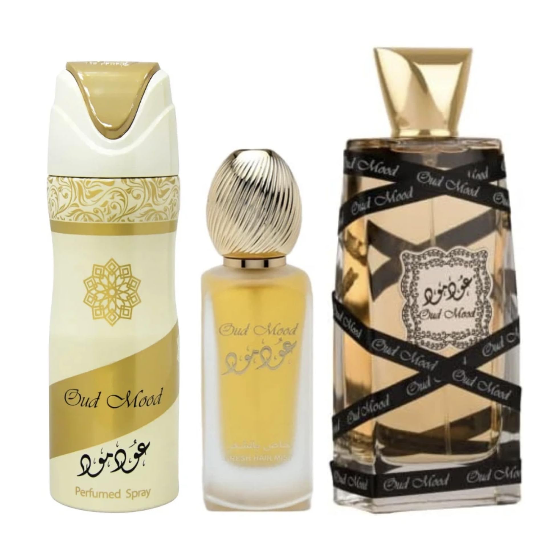 Lattafa Oud Mood Elixir - Set regalo da 3 pezzi con EDP da 100 ml, deodorante da 200 ml e spray per capelli da 50 ml