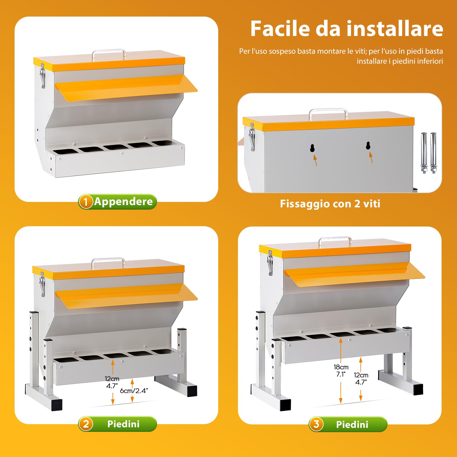 Mangiatoia automatica per polli in metallo, 16 l, con 5 aperture per mangime, distributore automatico | Gravità, mangiatoia per pollame, da appendere, per pollame, anatre, accessori per pollaio