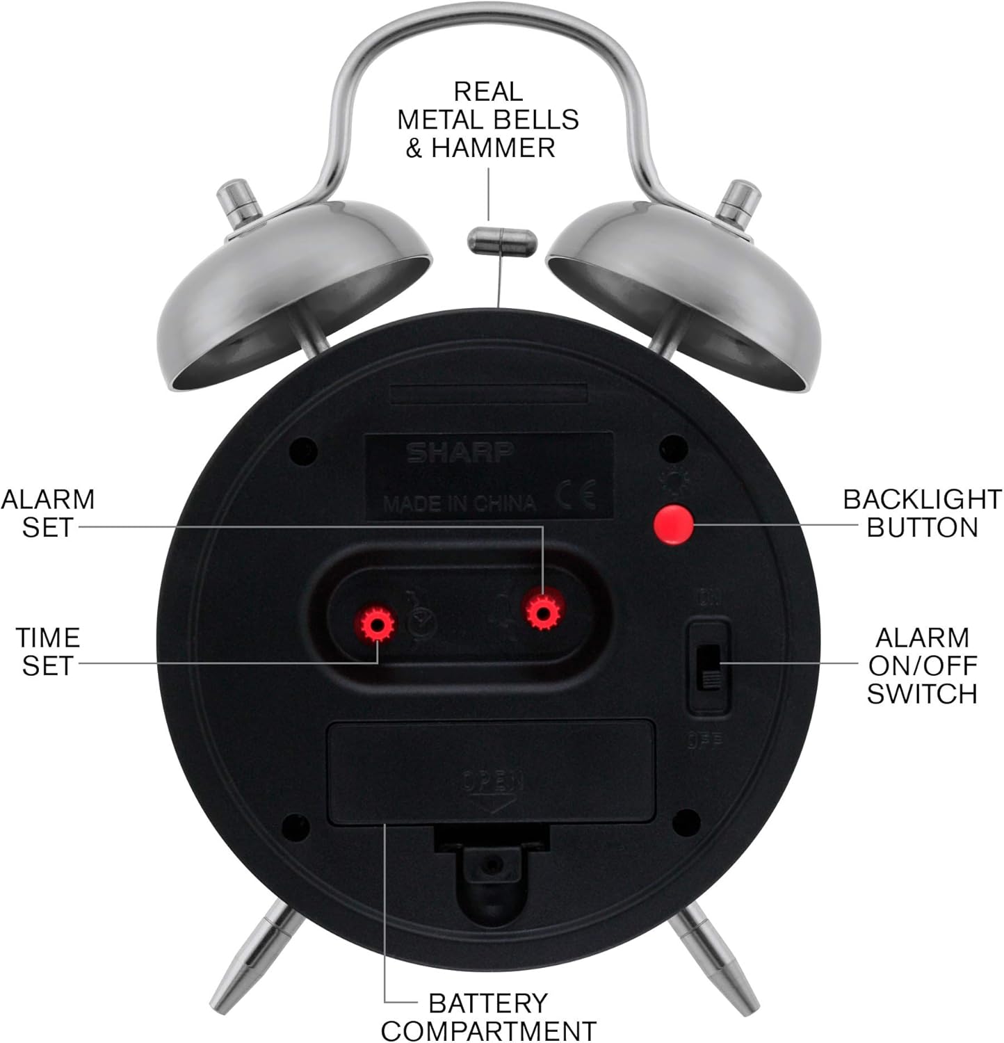 Back of Sharp SPC851 Twin Bell Alarm Clock with labeled controls