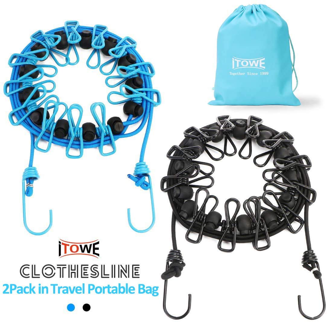 iTOWE 2Pack Portable Clothesline with 12 Pins Travel Clothesline