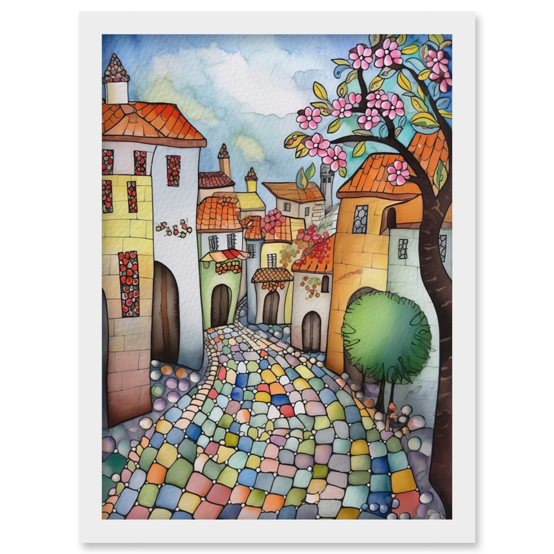 Artery8 Village Cobbled Street Cherry Blossom Folk Art Artwork Framed Wall Art Print A4