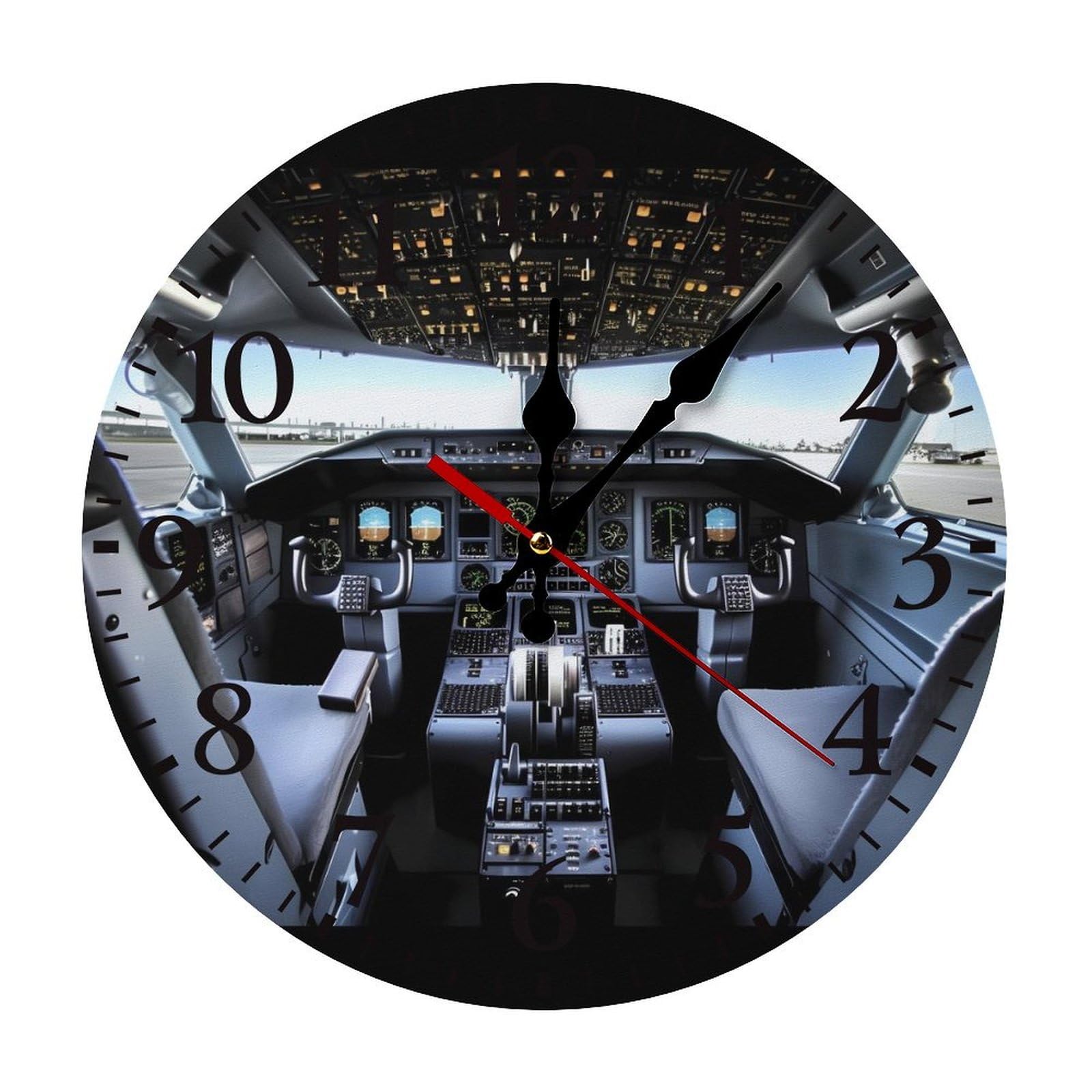 QMNLKH Airplane Cockpit Wall Clock for Home, Battery Operated Clock for Hotel, Round Wall Clock with Arabic Numerals Black, Easy to Read, Non-Ticking Clocks for Living Room 25 * 25cm