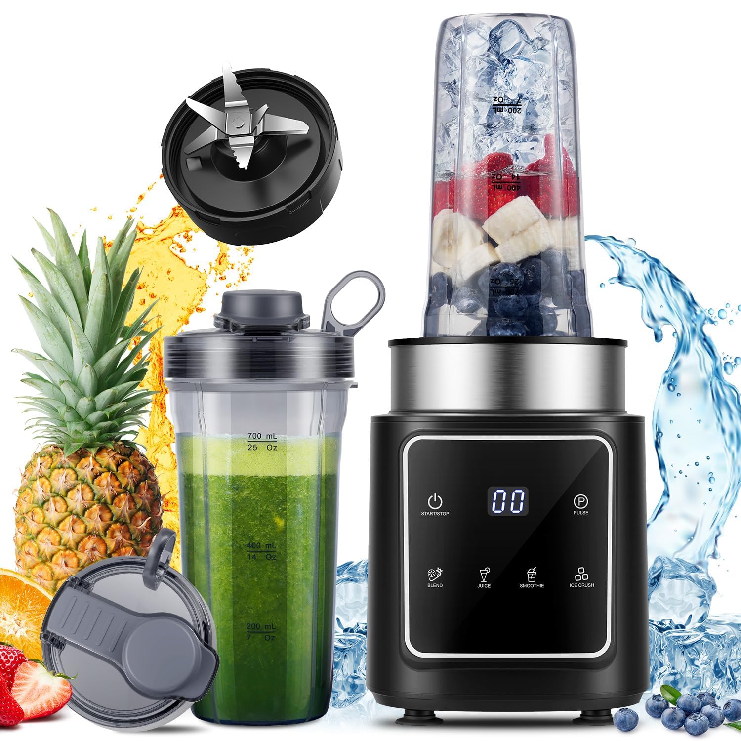 Standmixer, 1500 W, Eisknackmesser 6-Klingen FüR Mixer, Smoothie Maker Mit 4 Programme + Pulsfunktion, 2 * 900 ml Flasche, FüR Smoothies, Milchshakes Und Zum Einfrieren Von Obst
