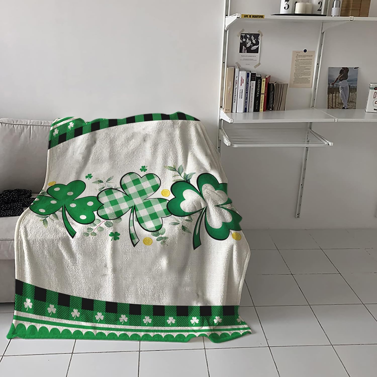 Throw Blanket Green Shamrock Lucky Clover St. Patrick's Day Blanket Spring Holiday Decorations Green Eucalyptus Plaid Check Lightweight Soft Warm Blanket and Cozy Throws for Couch Bed Sofa 40" x 50"