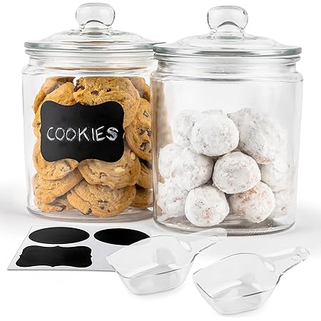 KooK Glass Kitchen Jars, Food & Cookie Storage Containers for Pantry, Bathroom Apothecary Canisters, Dishwasher Safe, with Chalk and Labels, 1/2 Gallon, Set of 2