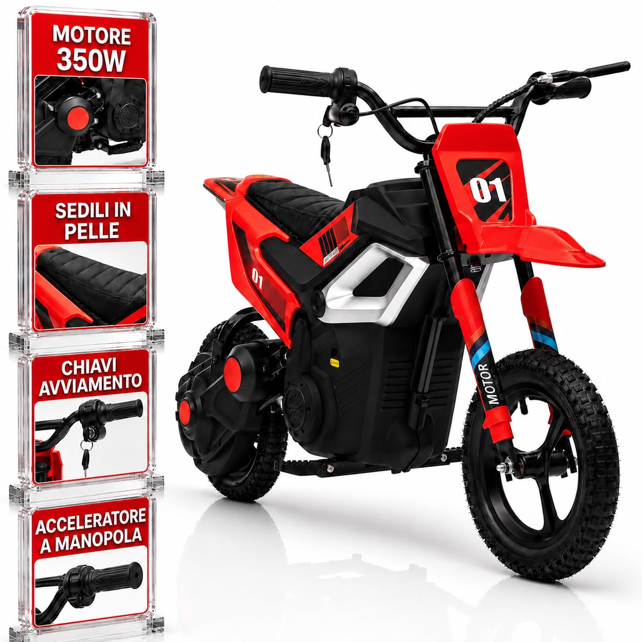 TOYSCAR Moto Elettrica per Bambini 24V 10Ah Thunder Pro Motore 350W, Minimoto Elettrica Moto Cross Elettrica, Pit Bike Elettrica, Ruote Gonfiabili 12" Freno a Disco, Sedile in Pelle, 5-10 Anni (Rosso)