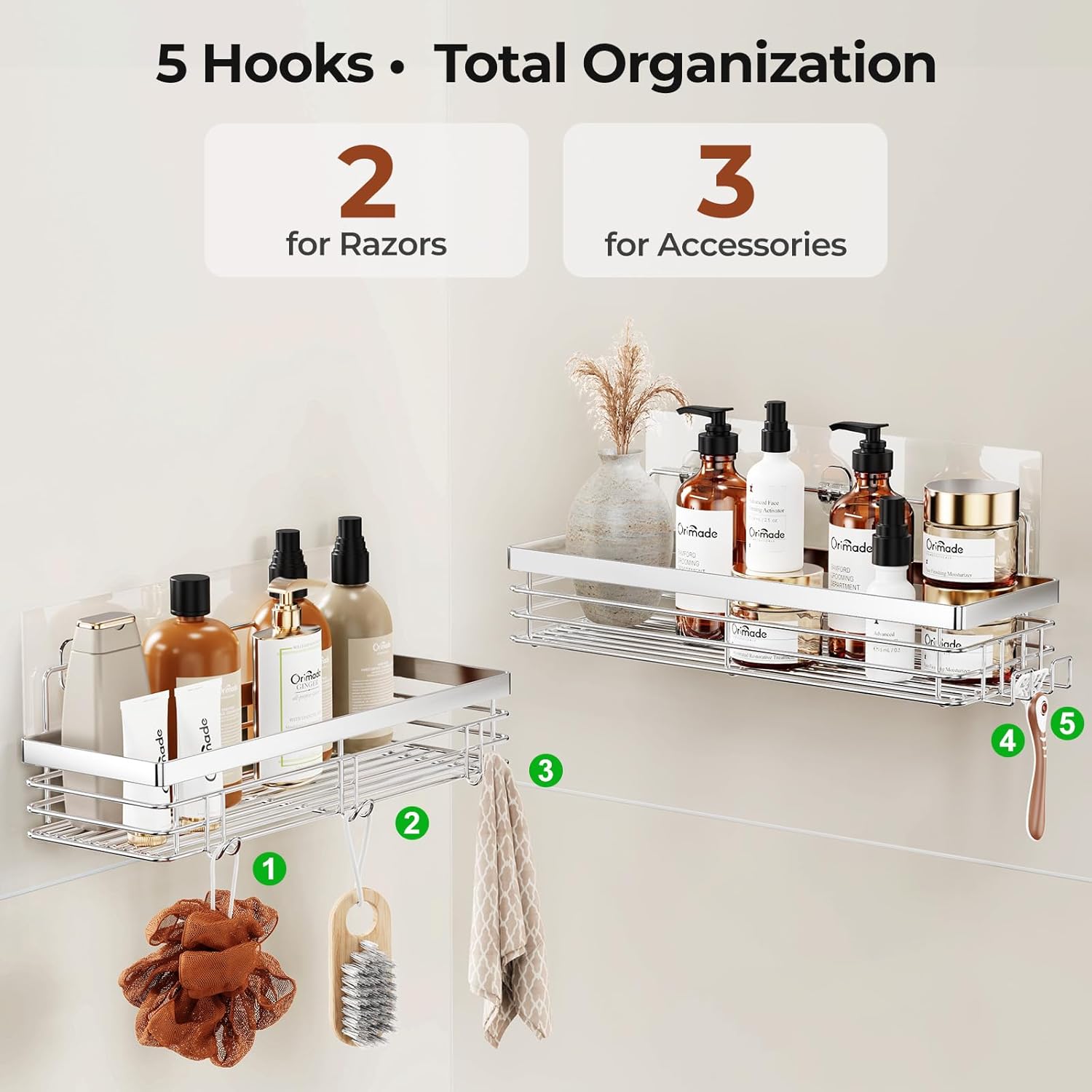 Orimade Shower Caddy with 5 Hooks Organizer for Hanging Razor and Sponge Bathroom Basket Adhesive Shower Shelf Storage Kitchen Rack Wall Mounted No Drilling Rustproof Stainless Steel - 2 Pack